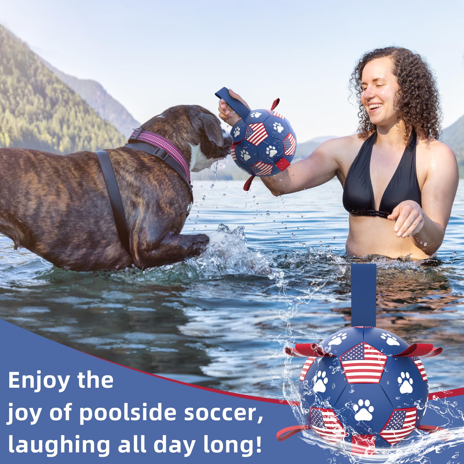 Qdan Dog Toys Soccer Ball With Straps - Durable Dog Balls For Large Dogs, Beach Pool Dog Water Toy, Dog Tug Toys For Tug Of War, Puppy Dog Birthday Gifts (8 Inch)