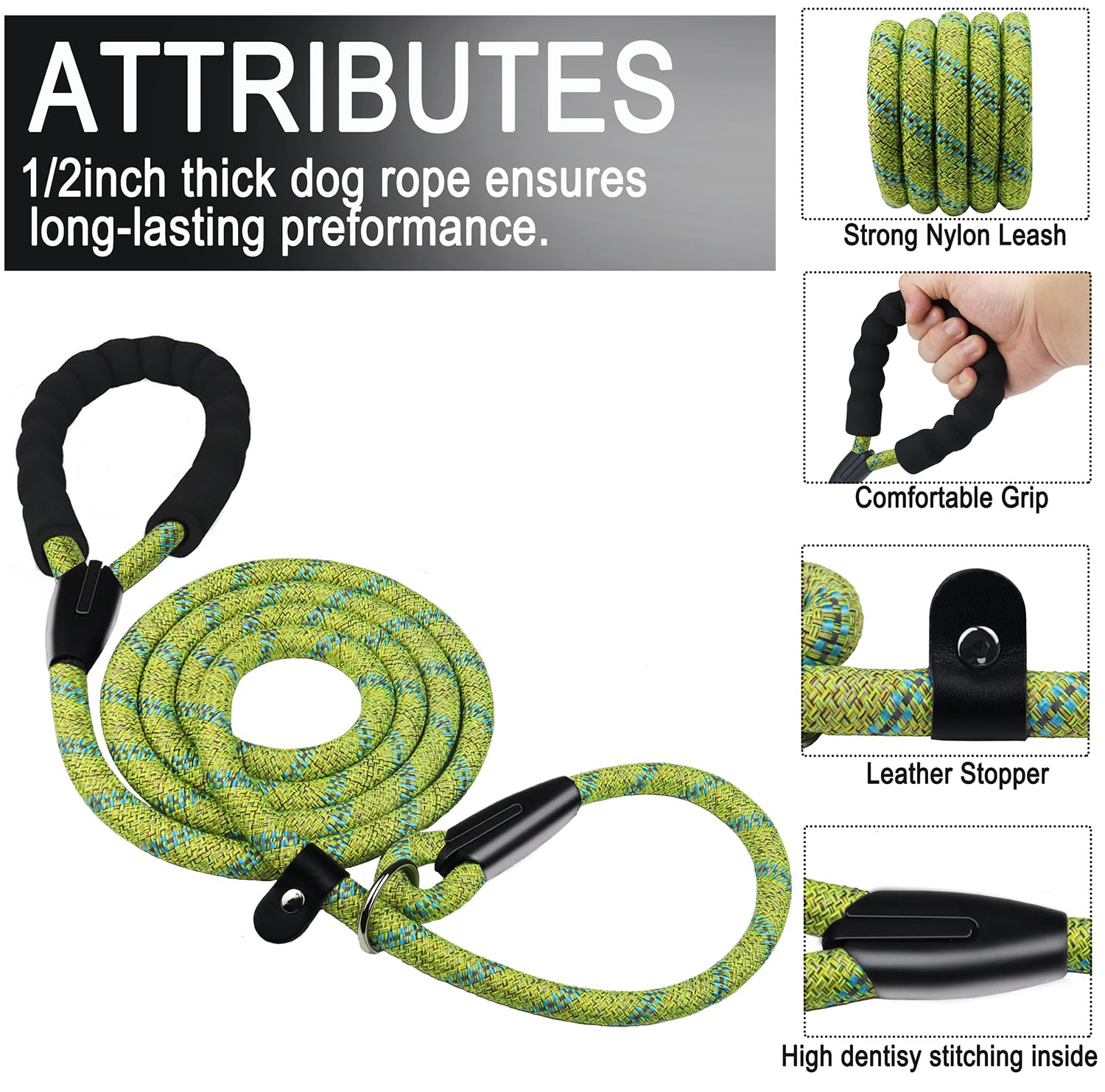 6 Ft Heavy Duty Dog Leash, Durable Premium Quality Strong Training Rope Slip Leash With Comfortable Padded Handle And Highly Ref