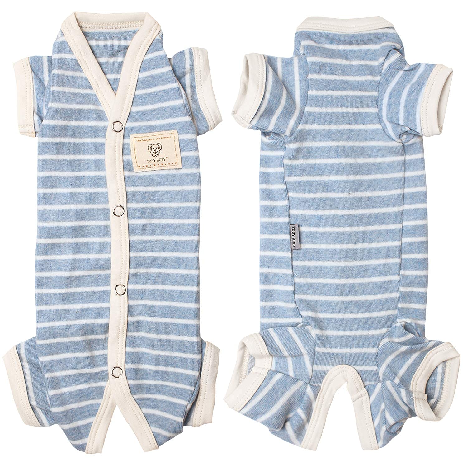 Tony Hoby Female/Male Pet Dog Pajamas Stripes 4 Legged Dog Pjs Jumpsuit Soft Cotton Dog Clothes (Xl,Blue+White-Girls)
