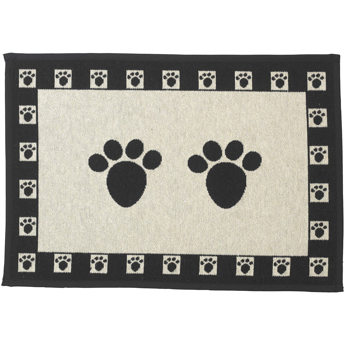 Petrageous 10209 Paws Tapestry Dog Non-Skid Machine Washable Placemat For Pet Feeding Stations With Rubber Backing 13-Inch By 19-Inch For Dogs And Cats, Black And Natural