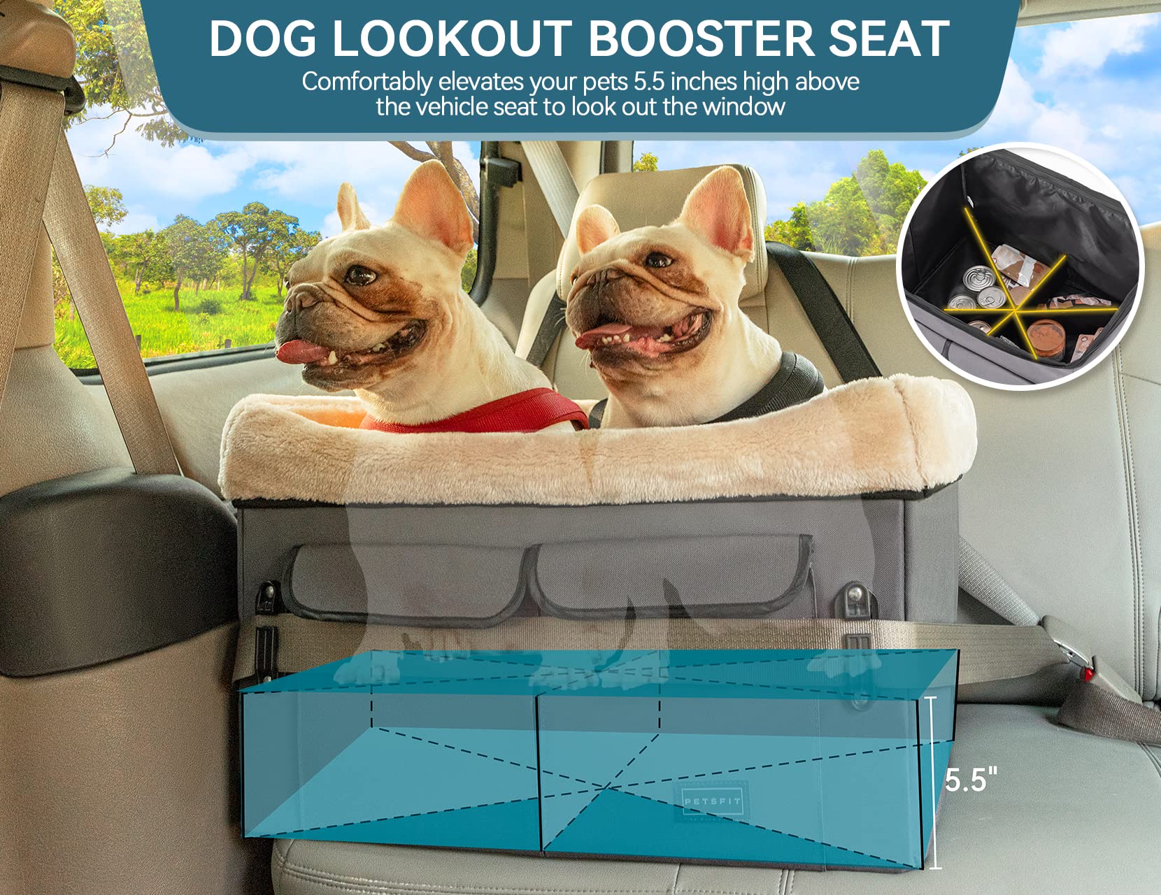 Petsfit Dog Car Seat For Medium Dogs Or 2 Small Dogs, Upgraded Dog Booster Seat For Front And Back Seats With 2 Safety Leashes (