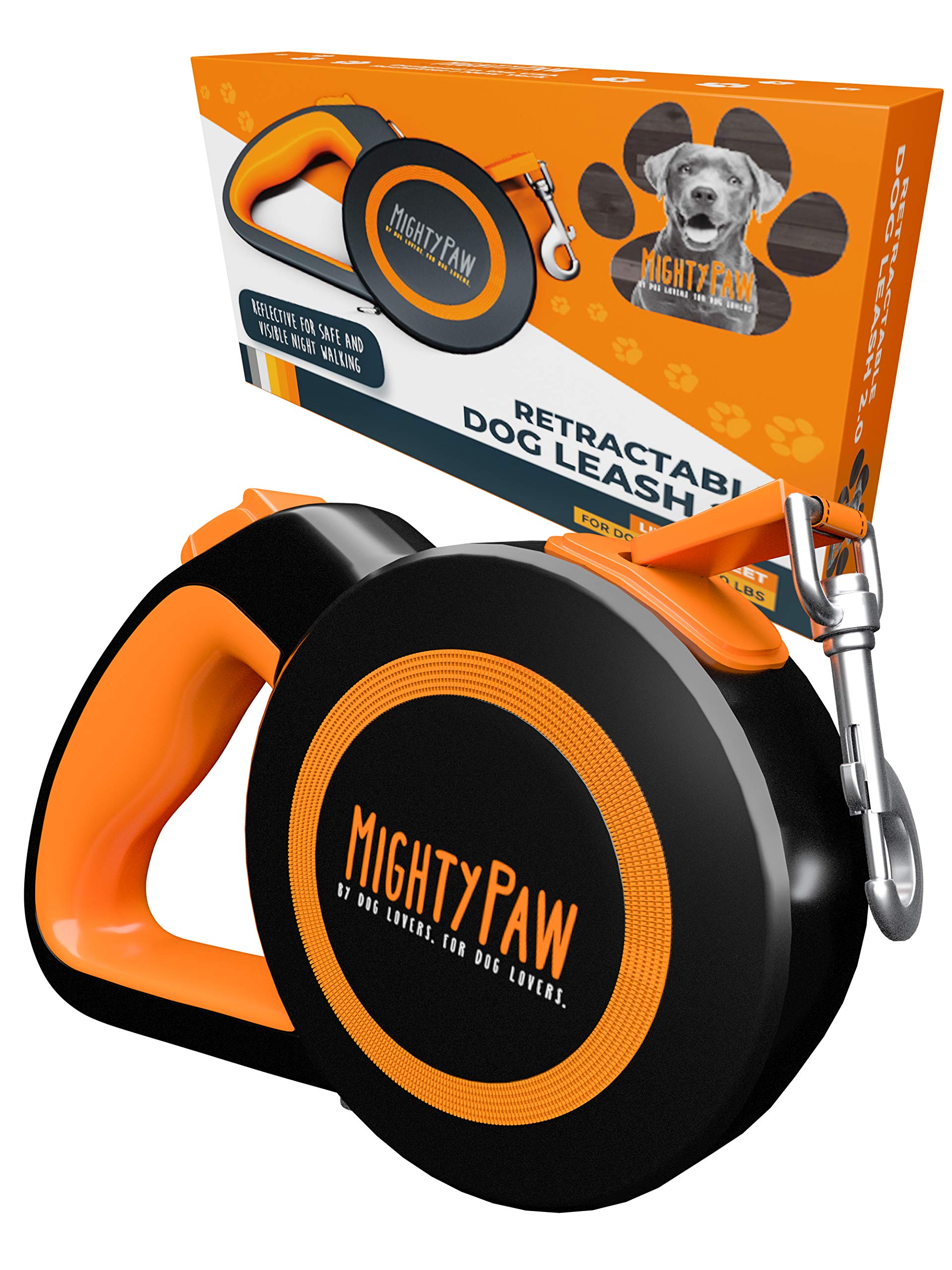 Mighty Paw Retractable Dog Leash 2.0 | 16’ Heavy Duty Reflective Nylon Tape Lead For Pets Up To 50 Lbs. Tangle Free Design W/ One Touch Quick-Lock Braking System & Anti-Slip Handle. (Orange/Lite)