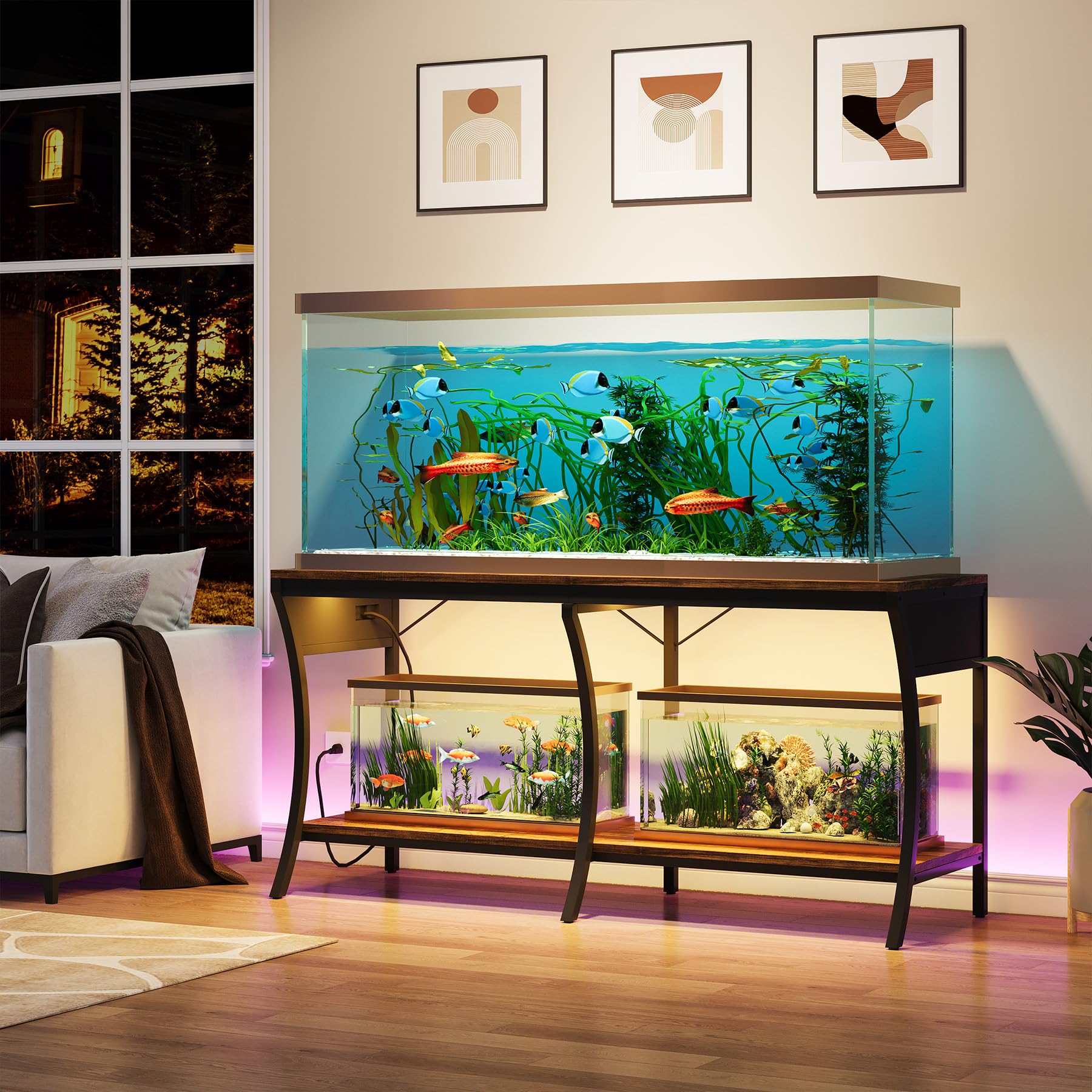 Condemo 55-90 Gallon Fish Tank Stand, 2-Tier Aquarium Stand with LED Light Strip and Power Outlets, Reptile Tank Stand with Meta
