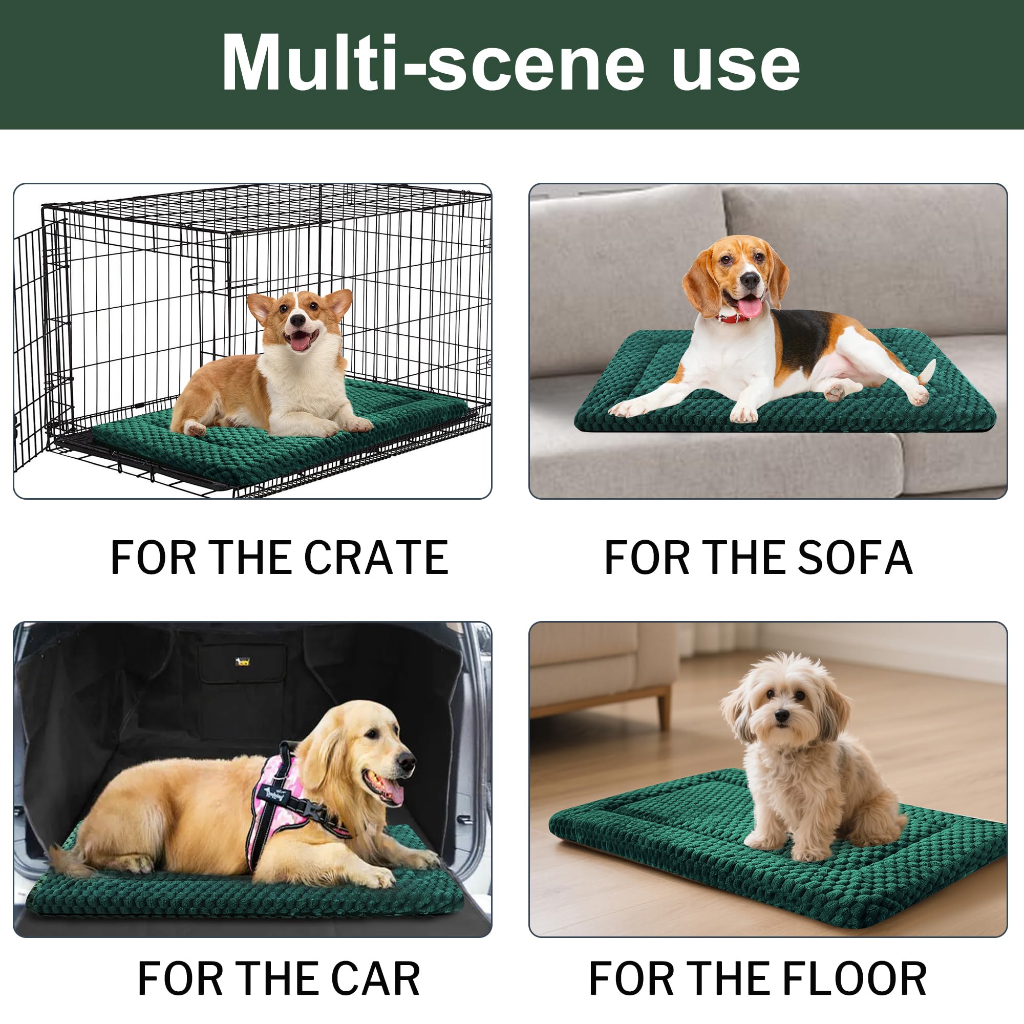 Dog Bed Crate Mat, Soft Durable Washable Anti-Slip Kennel Pad for Dogs & Cats, Reversible (Dark Green, M(30*20*1.5))