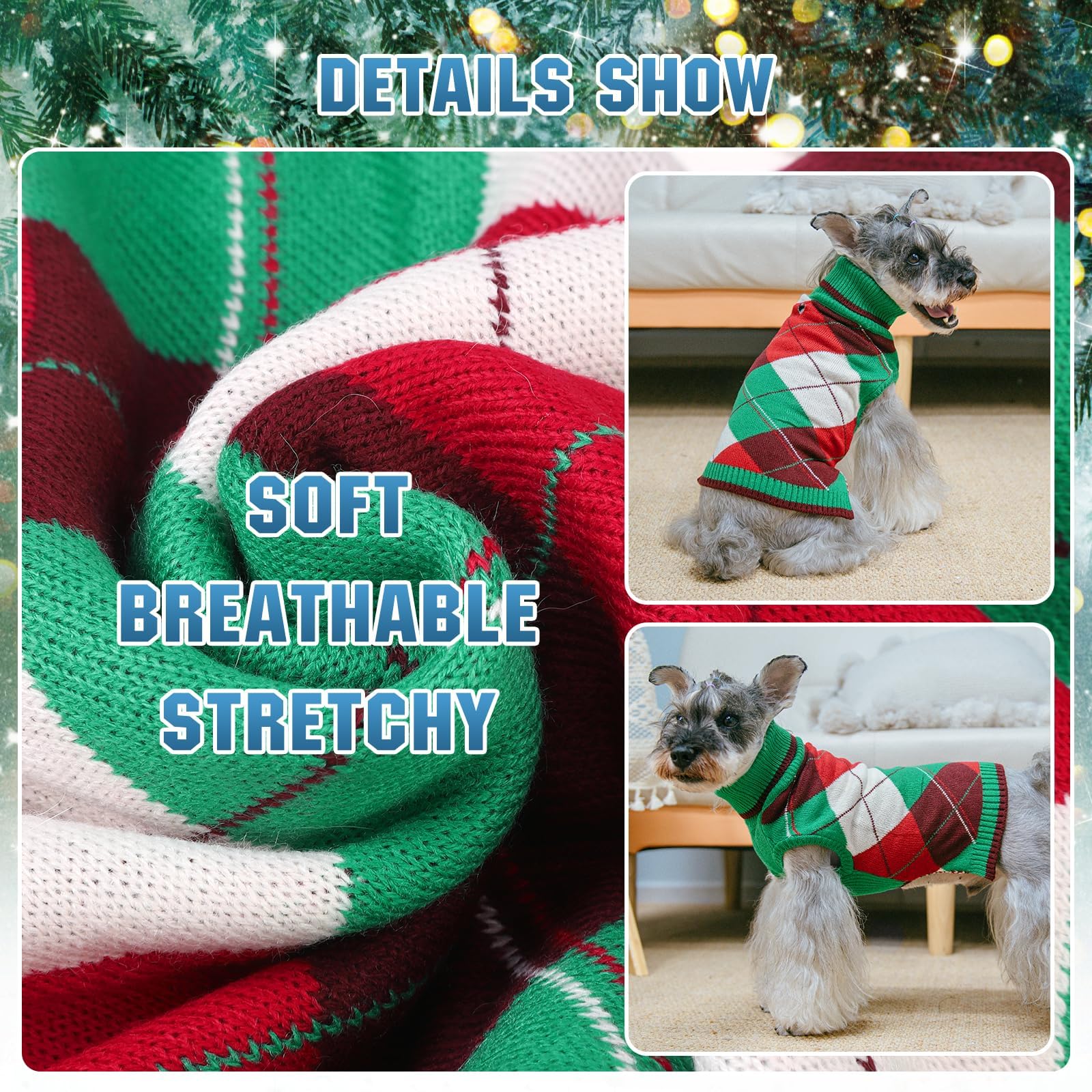 KOOLTAIL Dog Sweater Pet Knitted Clothes-Classic Plaid Pullover Turtleneck Fleece Dog Christmas Sweaters with Leash Hole, Thick
