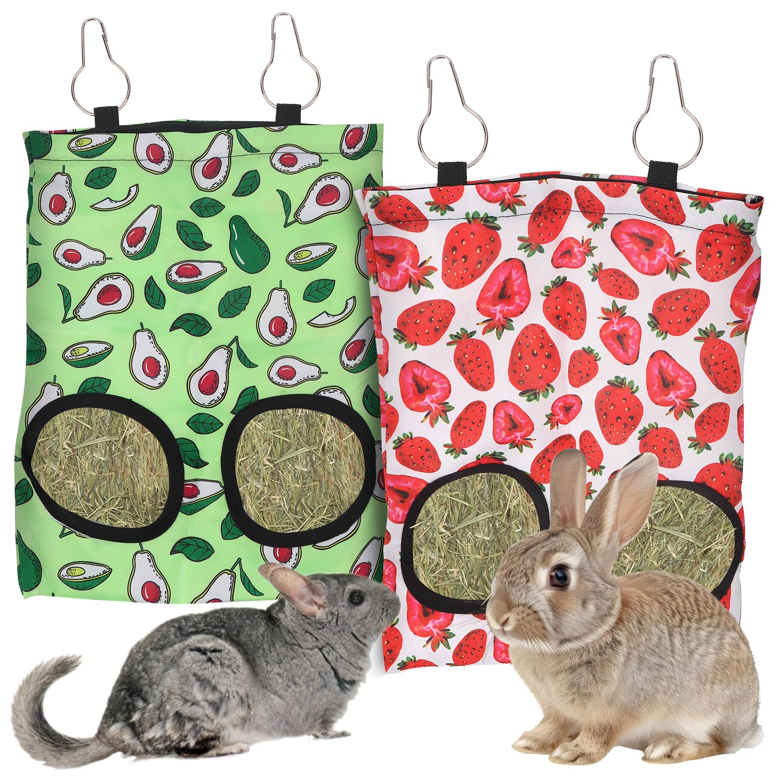 Abtols 2Pcs Rabbit Hay Feeder Bags, Hanging 2 Hole Hay Feeder For Guinea Pigs Chinchillas Hamsters Red Green Strawberry Avocado 