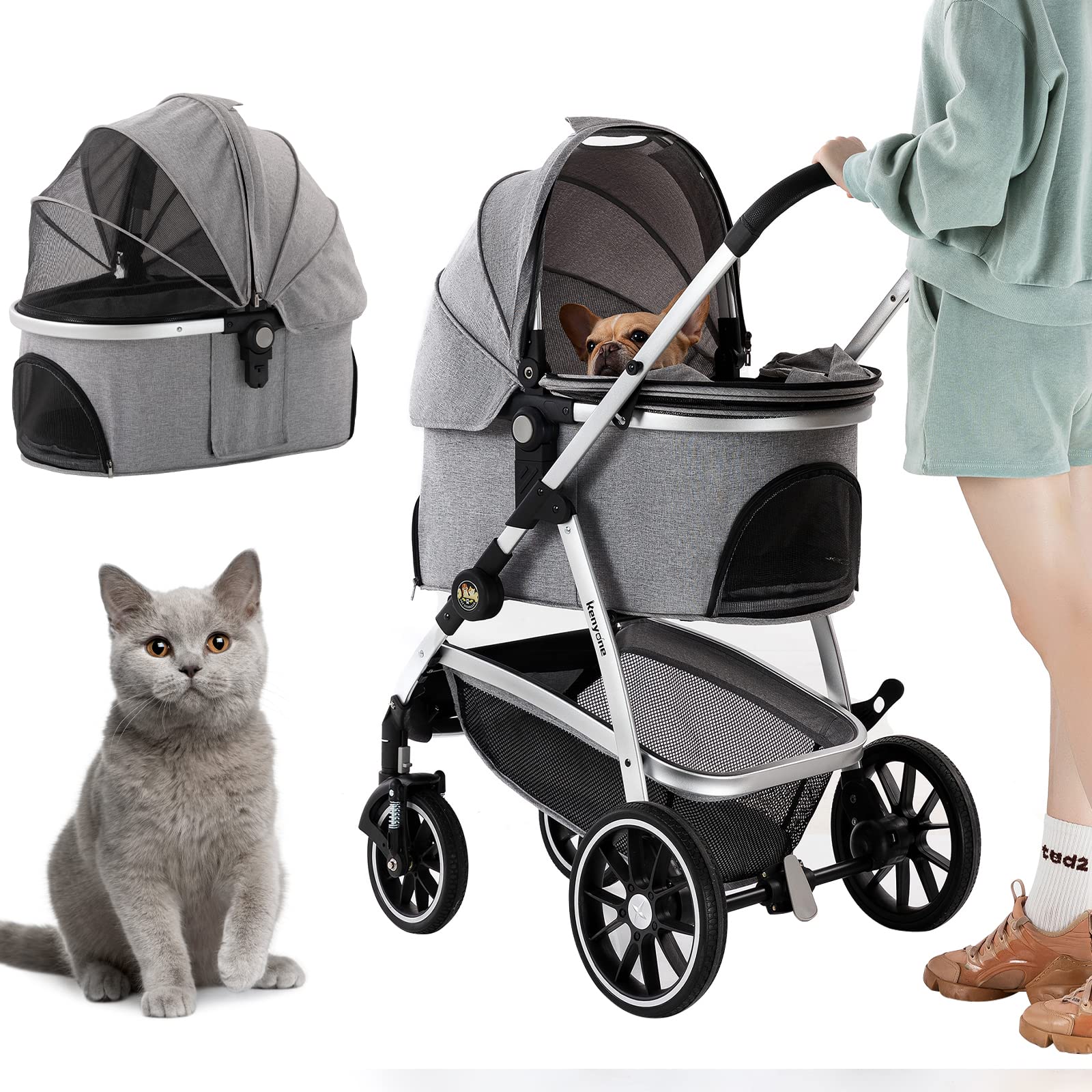 Kenyone Pet Stroller, 3 in 1 Multifunction Pet Travel System 4 Wheels Foldable Aluminum Alloy Frame Carriage for Small Medium Do