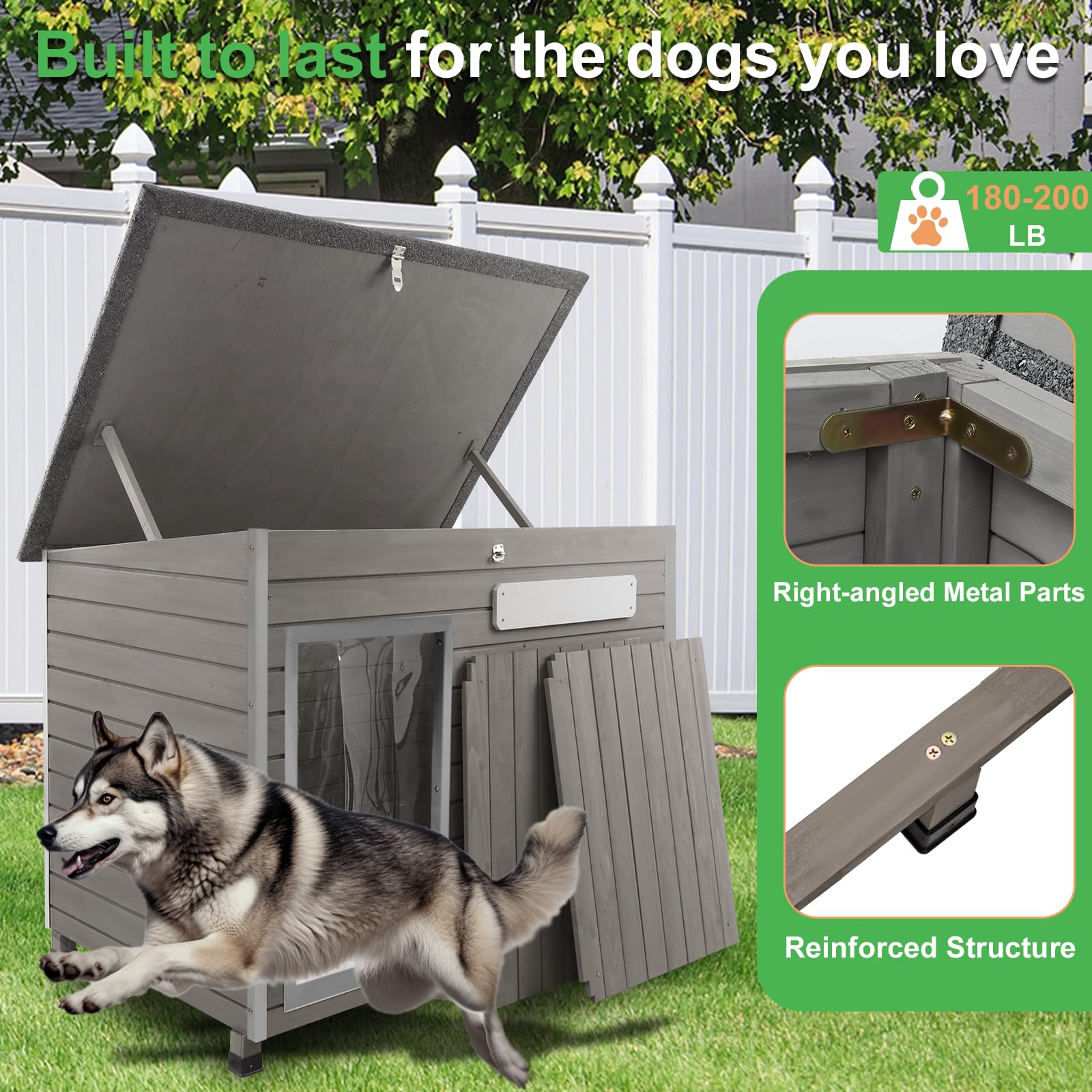 Ketive Large Dog House, Weatherproof Wooden Igloo, Chew-Proof Iron Frame, 43" Size, Grey, Model KET-PET65-1