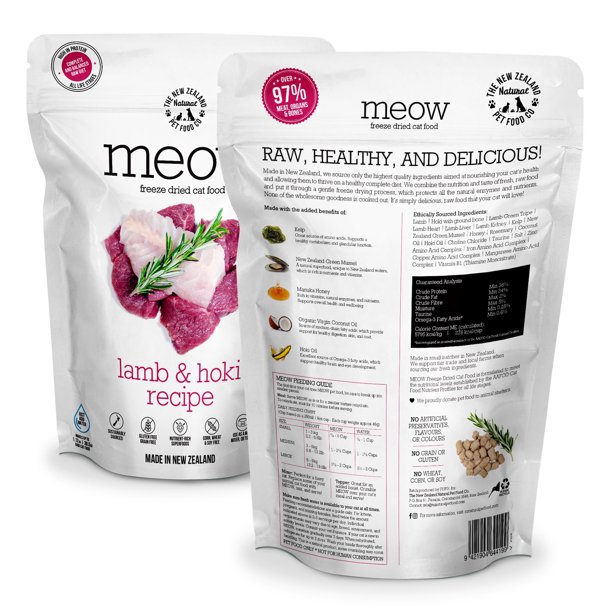 The New Zealand Natural Pet Food Co. Meow Lamb & Hoki Freeze Dried Raw Cat Food, Mixer, or Topper, or Treat - High Protein, Natu