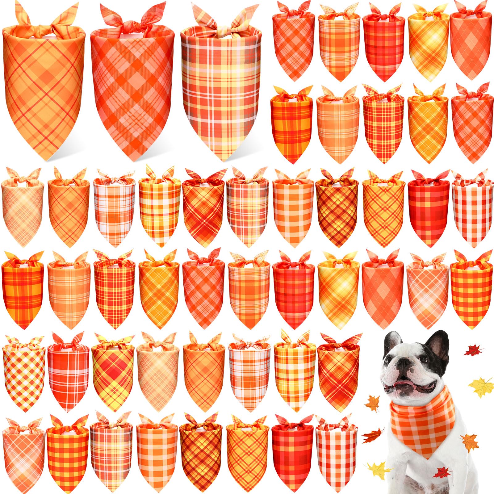 Abbylike 50 Pcs Fall Plaid Dog Bandanas Bulk Thanksgiving Bandanas for Dogs Triangle Kerchief Bibs Scarf for Pets Autumn Costume