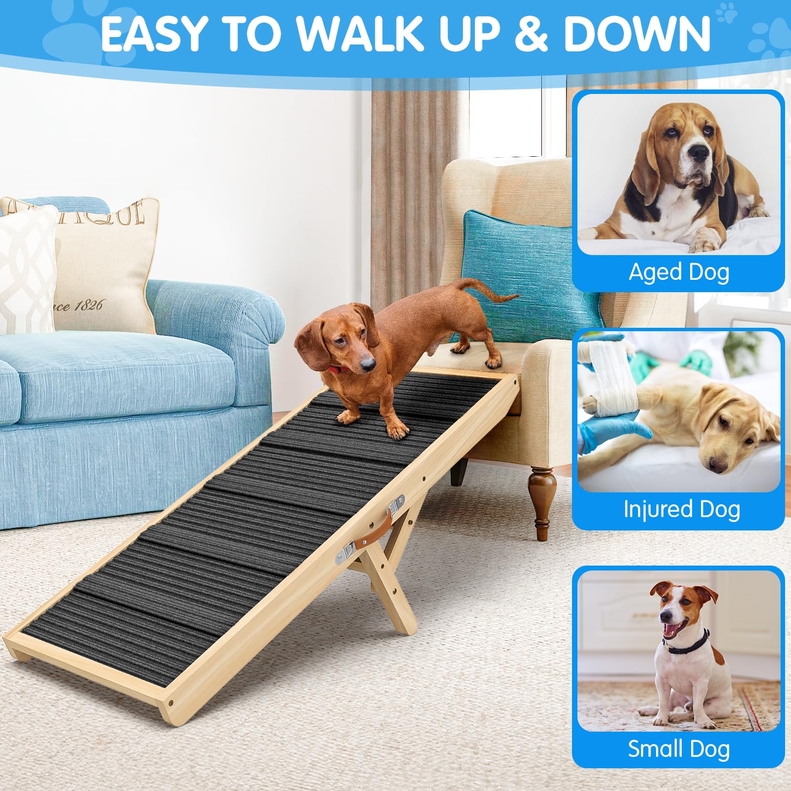 Dog Ramp For Couch, Bed Or Car, Wooden 44'' Long Pet Stairs For Small & Large Old Dogs & Cats, Hold Up To 200Lb, 5 Adjustable He