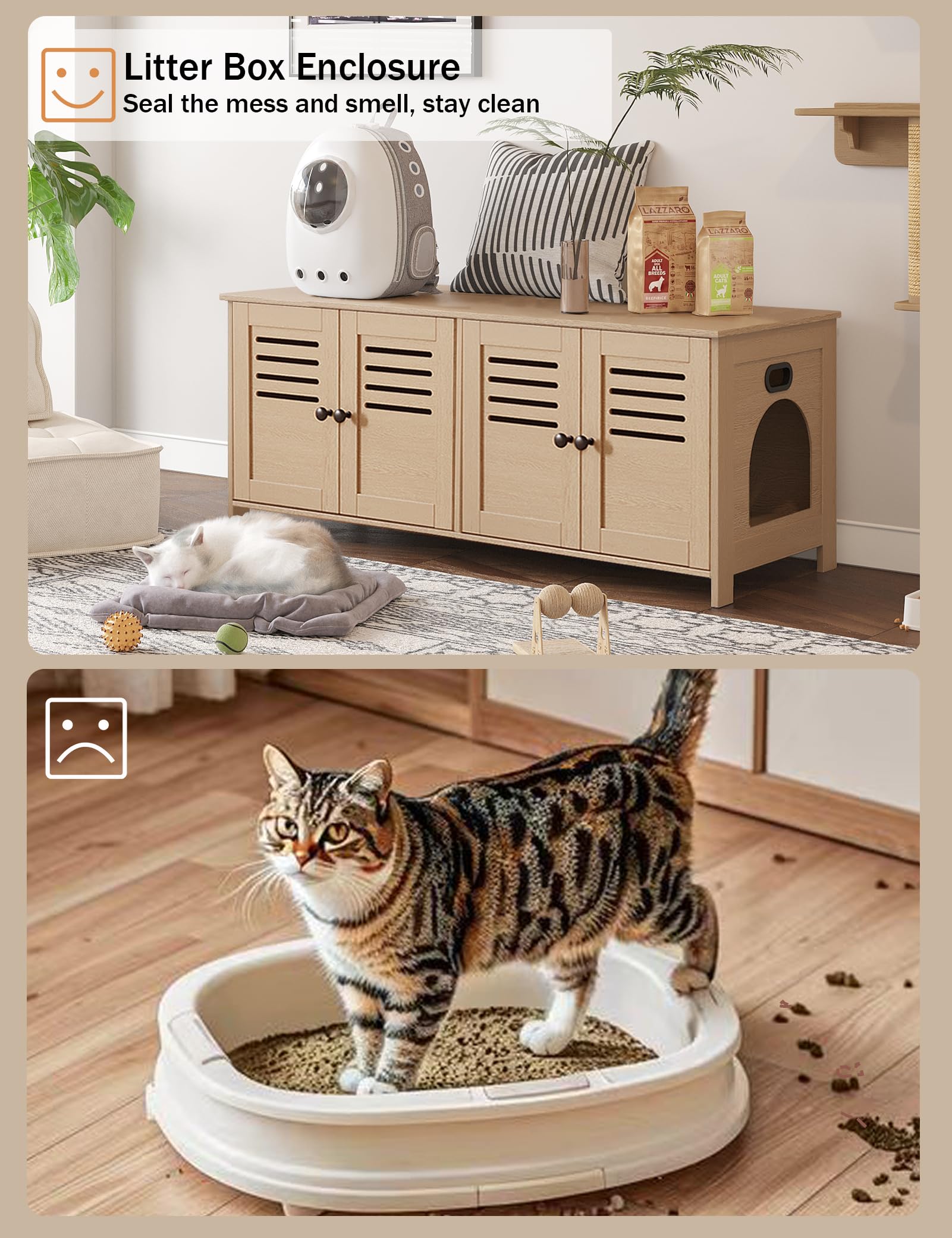 Dinzi Lvj Litter Box Enclosure For 2 Cats, Hidden Litter Box Furniture With Double Rooms, Dual Pet House With Good Ventilation,
