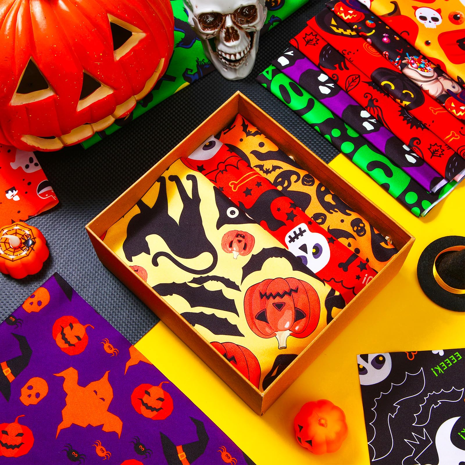 Locmeo 100 Pcs Halloween Dog Bandanas Bulk Pumpkin Black Cat Skull Dog Bandanas Adjustable Pet Bibs Triangle Scarf Halloween Hol