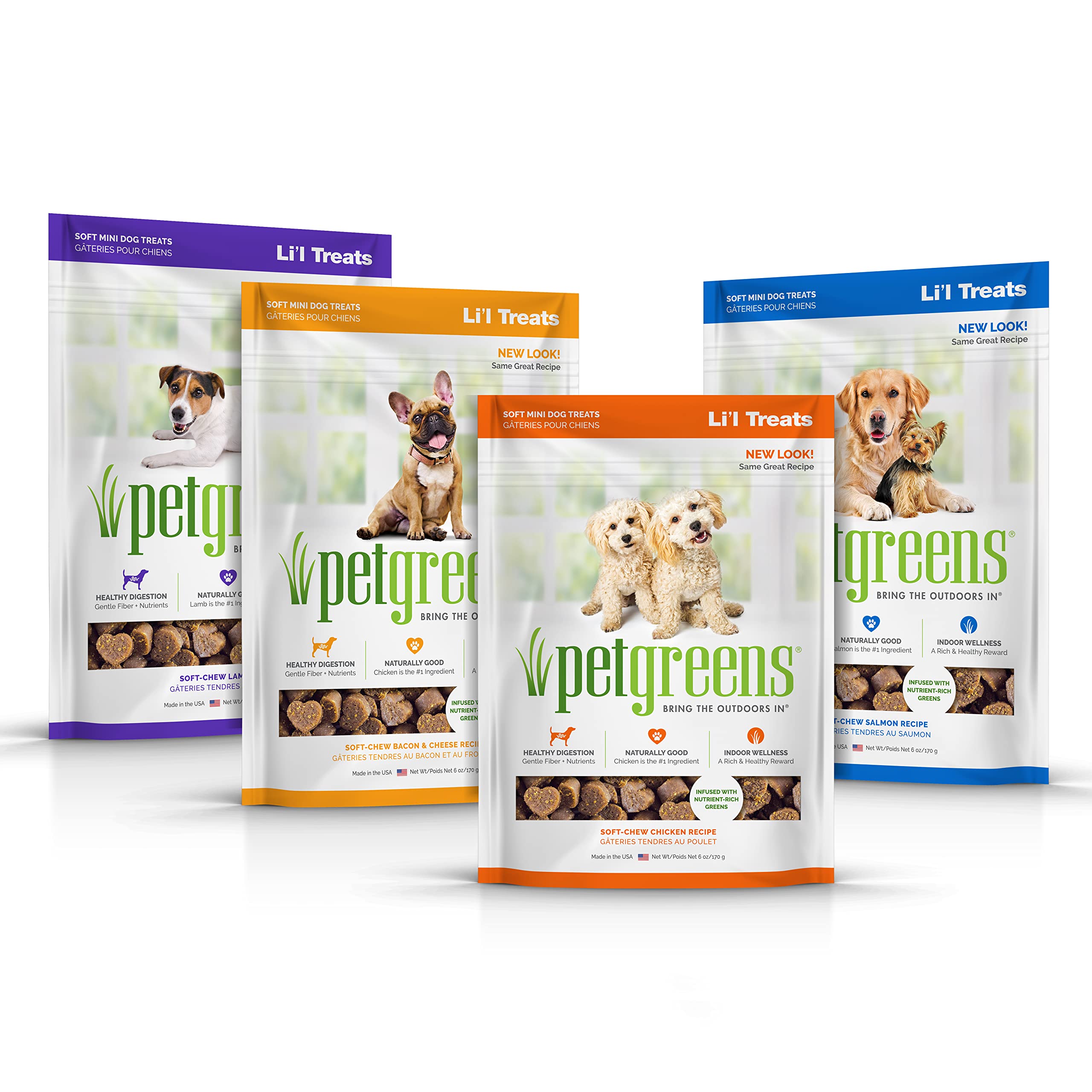 Pet Greens Natural Soft-Chew Dog Treats Infused with Supergreens, Healthy Salmon, Roasted Chicken, Tasty Lamb and Bacon and Chee