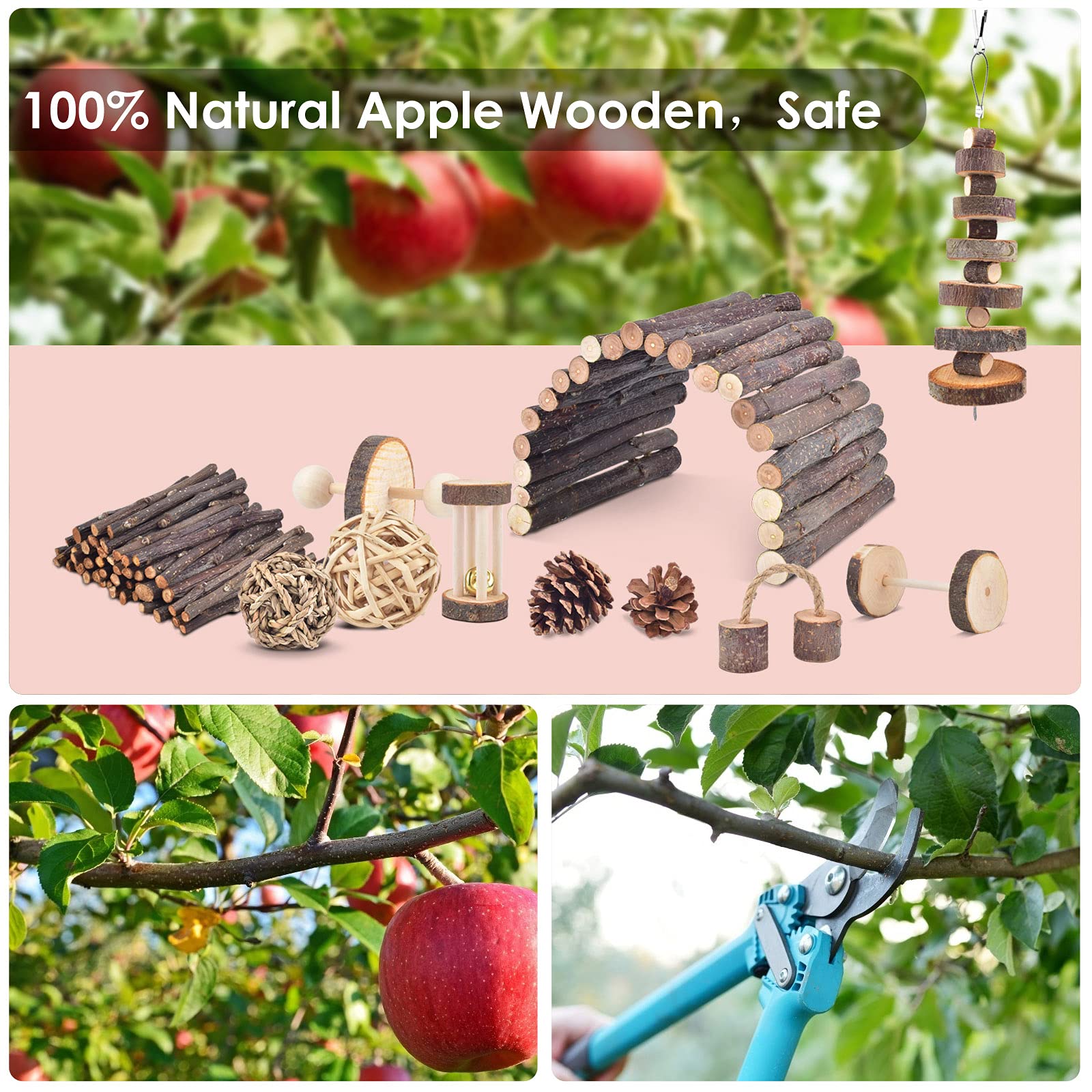 Erkoon 11 Pack Chinchillas Chew Toys, Toys Accessories For Teeth Care, Natural Apple Wood Ladder Bell Roller For Russian Hamster