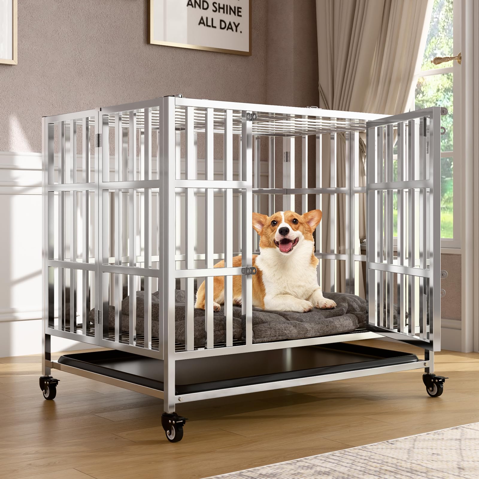 Holiwei 37 Heavy Duty Dog Crates for Large Dogs, Upgraded 4 Lockable Wheels, Stainless Steel Kennel Dog Kennel Indoor, Max Load