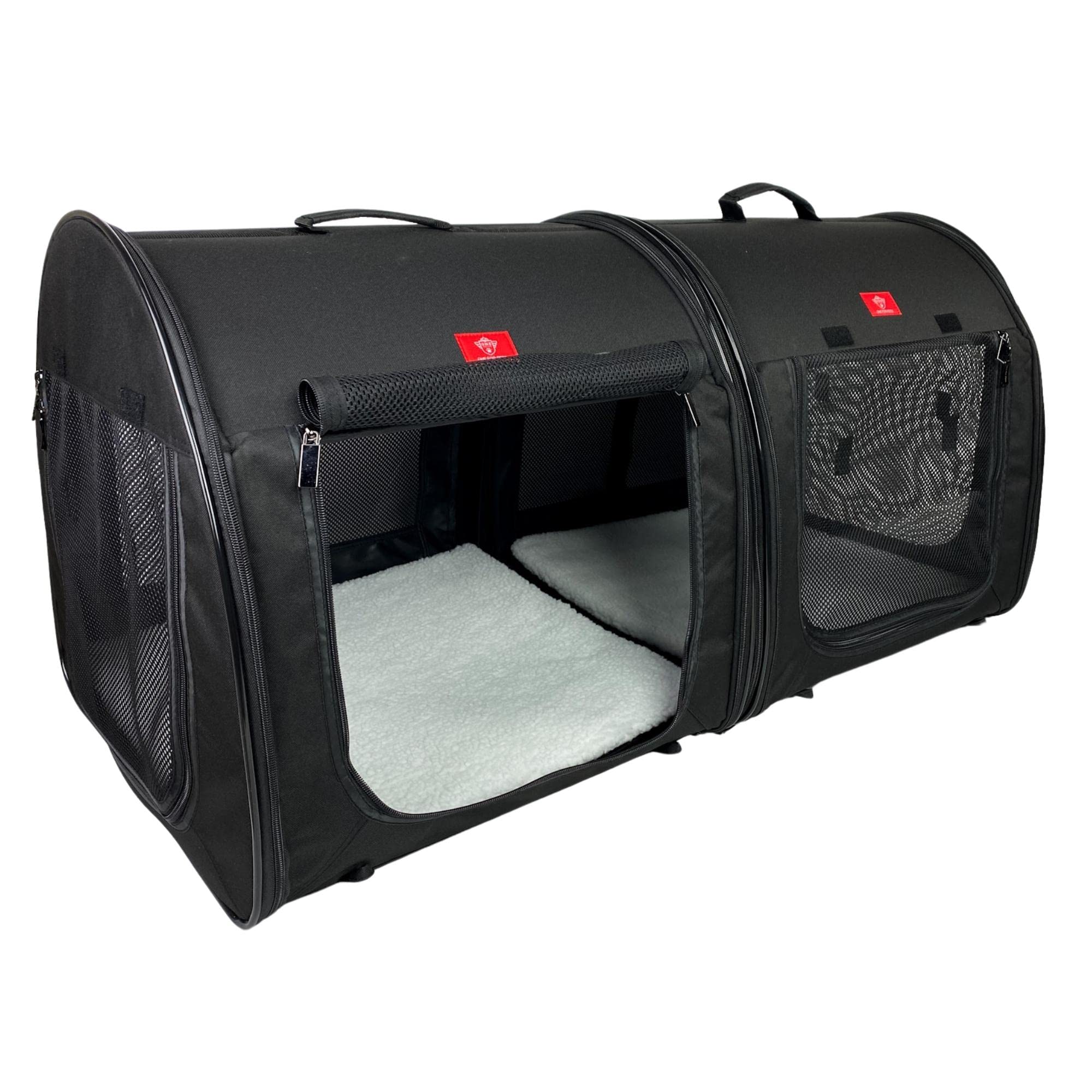One for Pets Portable 2-in-1 Double Pet Kennel/Shelter, Fabric, Black/Royal Blue 20x20x39 - Car Seat-Belt Fixture Included (Blac