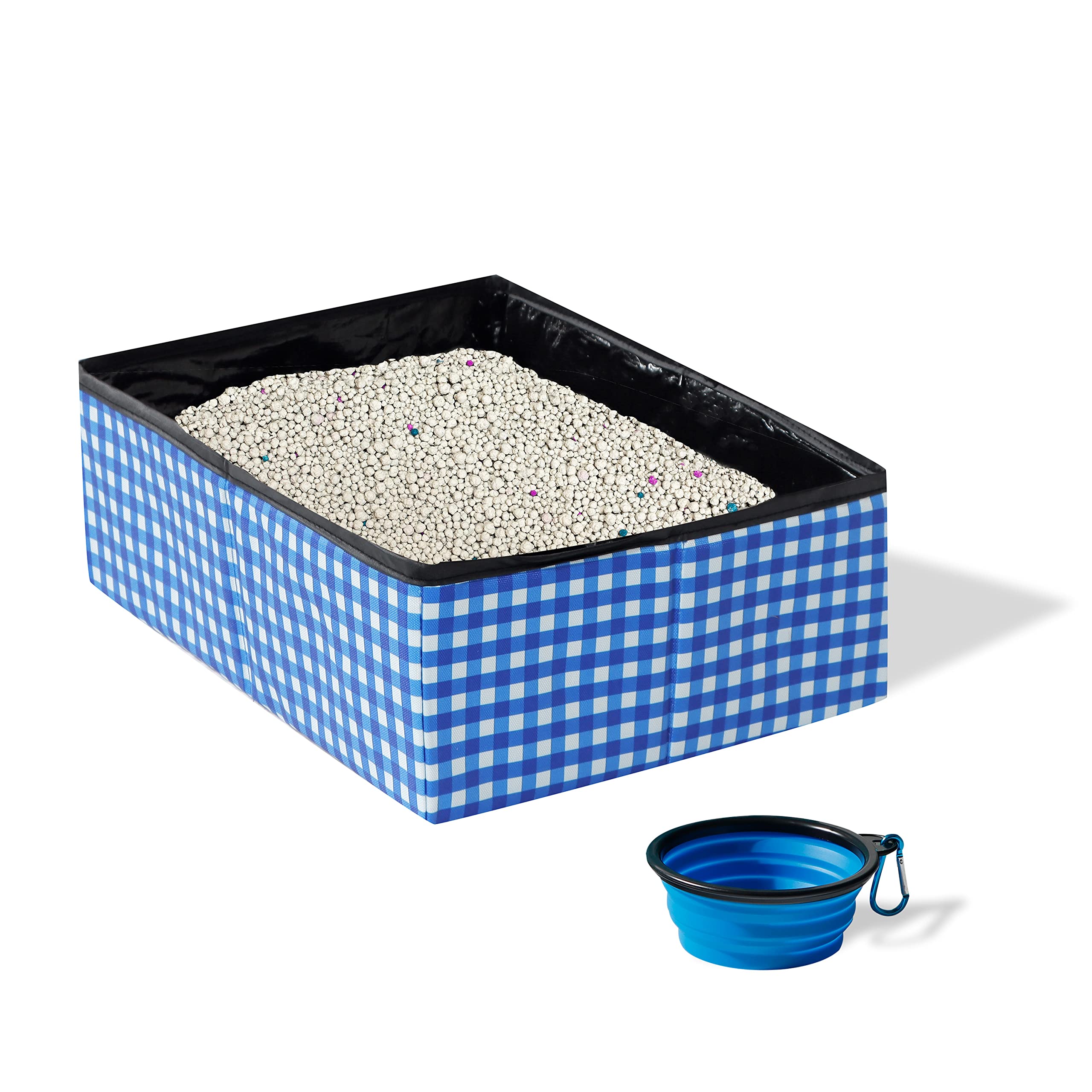 Pet Fit For Life - Vibrant Collapsible Travel Cat Litter Box - Portable, Foldable, Compact Design With Bonus Water Bowl - Ideal For Car & Camping - Reusable, Cats Safe - Blue, (16'X12'X5')
