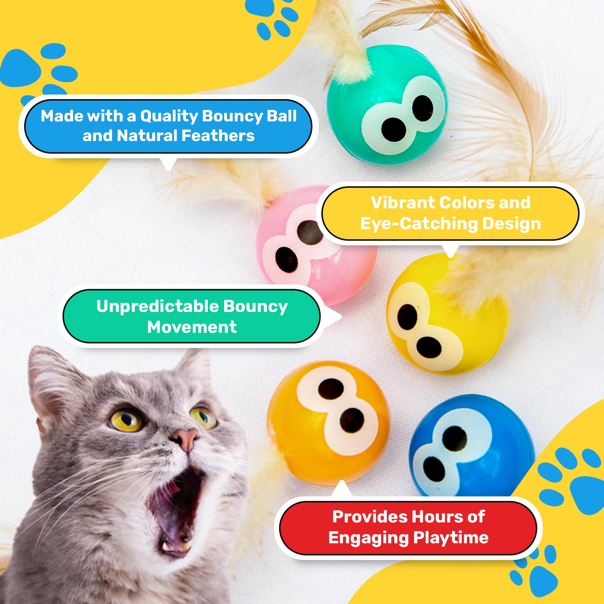 Bouncy Tails 3 Pack Interactive Bouncy Ball with Natural Feathers for Indoor Cats and Kittens who Love to Play and Have Fun.
