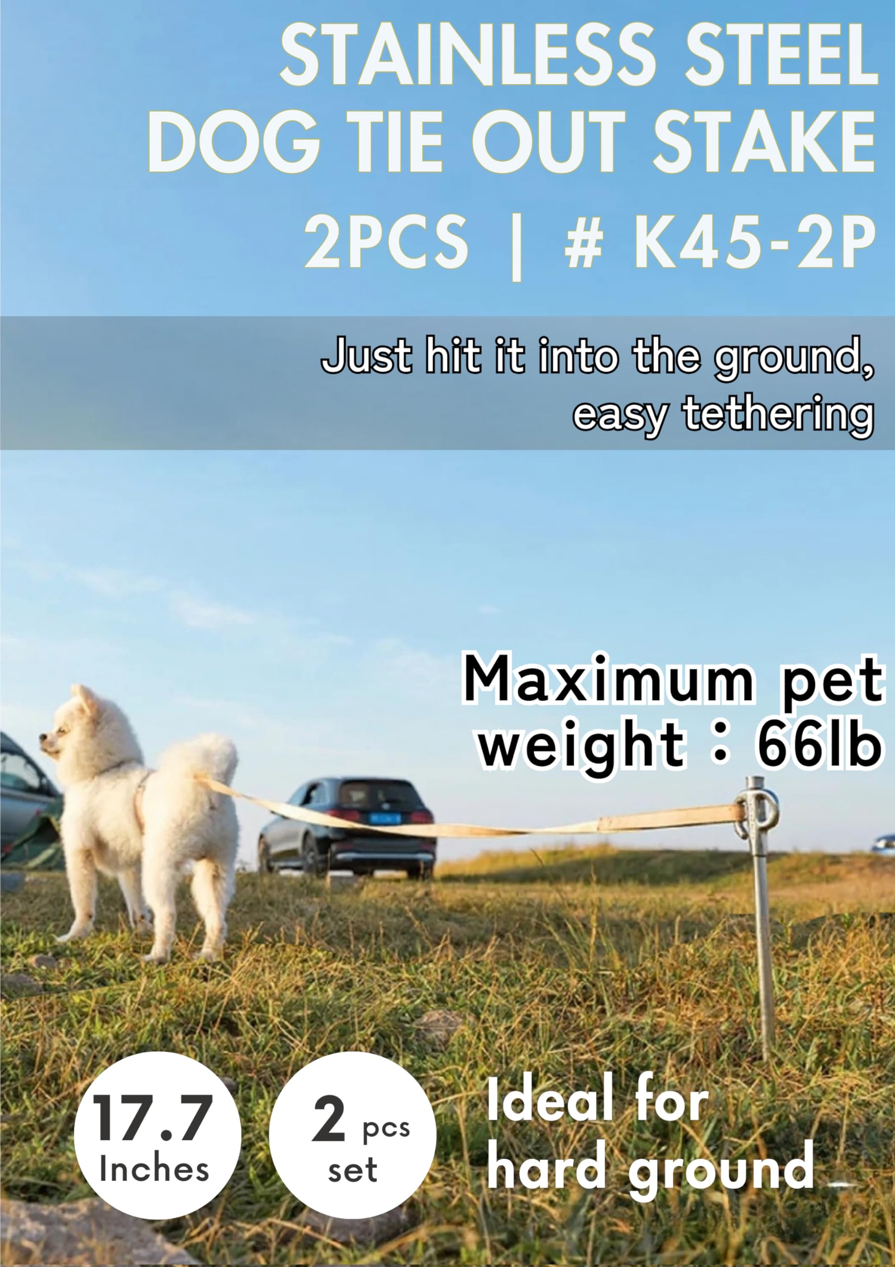 Campingmoon 17-Inch Dog Tie Out Stake 360Swivel 2Pcs Stainless Steel For Pets Outdoors K45-2P