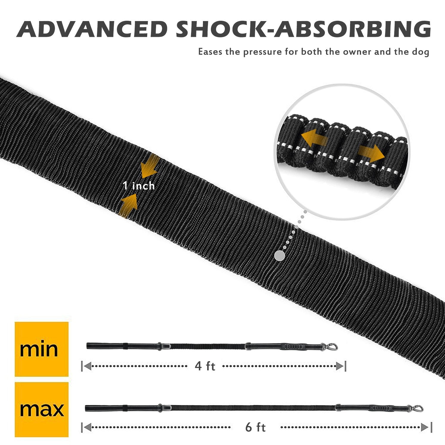 Fashion&Cool Heavy Duty Dog Leash Especially Large Dogs Up To 150Lbs, 4-6 Ft Reflective Dog Walking Training Shock Absorbing Bungee Leash Car Seat Belt Buckle, 2 Padded Traffic Handle Extra Control