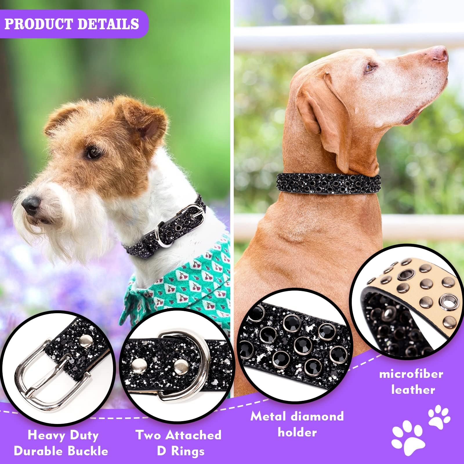 Octbersieg Rhinestone Leather Collar - Black Bling For Small To Large Dogs - Sparkly Diamond Glitter