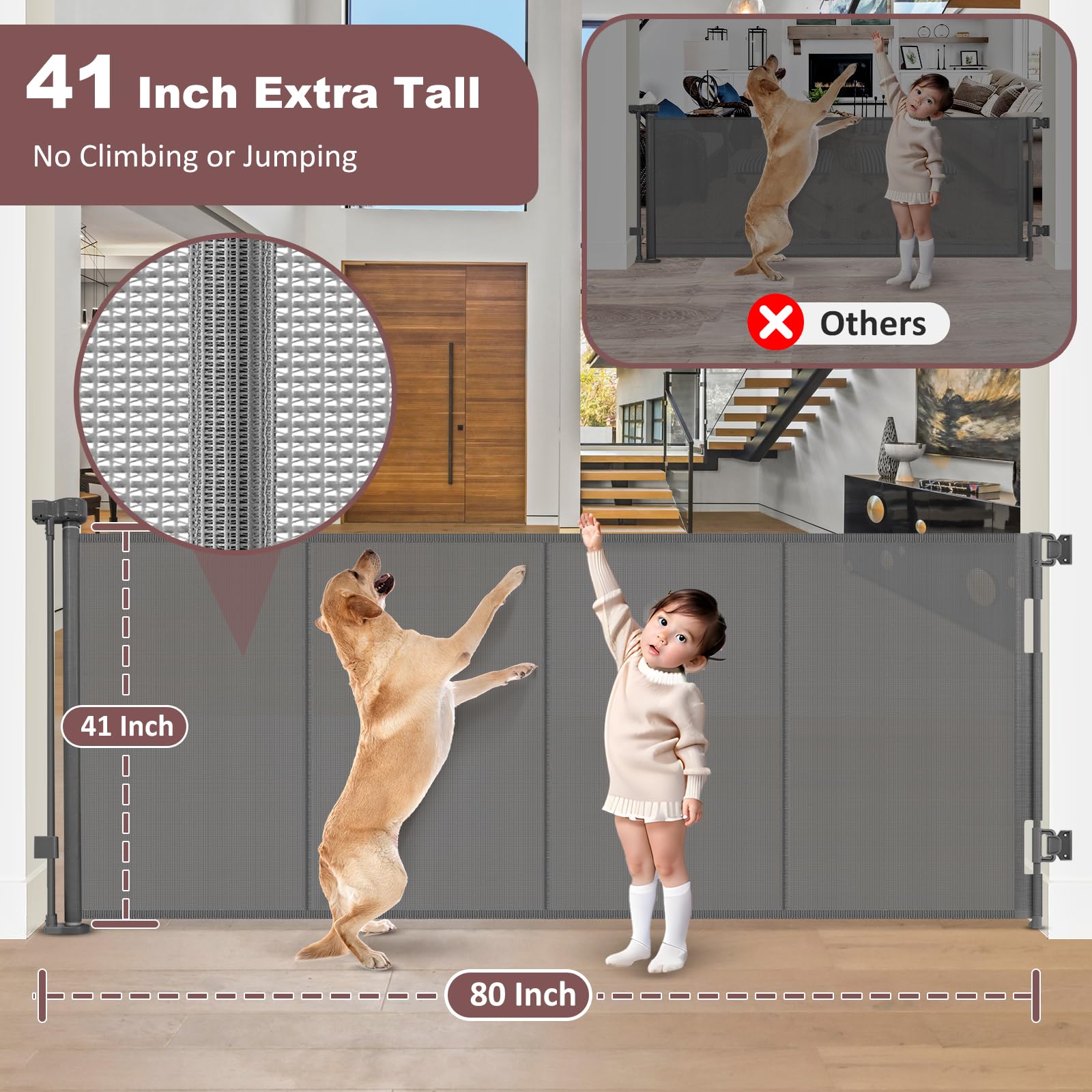 GRENFU Reinforced 41 Inch Extra Tall Pet Gate, 80 Inch Extra Wide, Retractable Baby Gate with Support Rods, Gray, Metal Frame wi