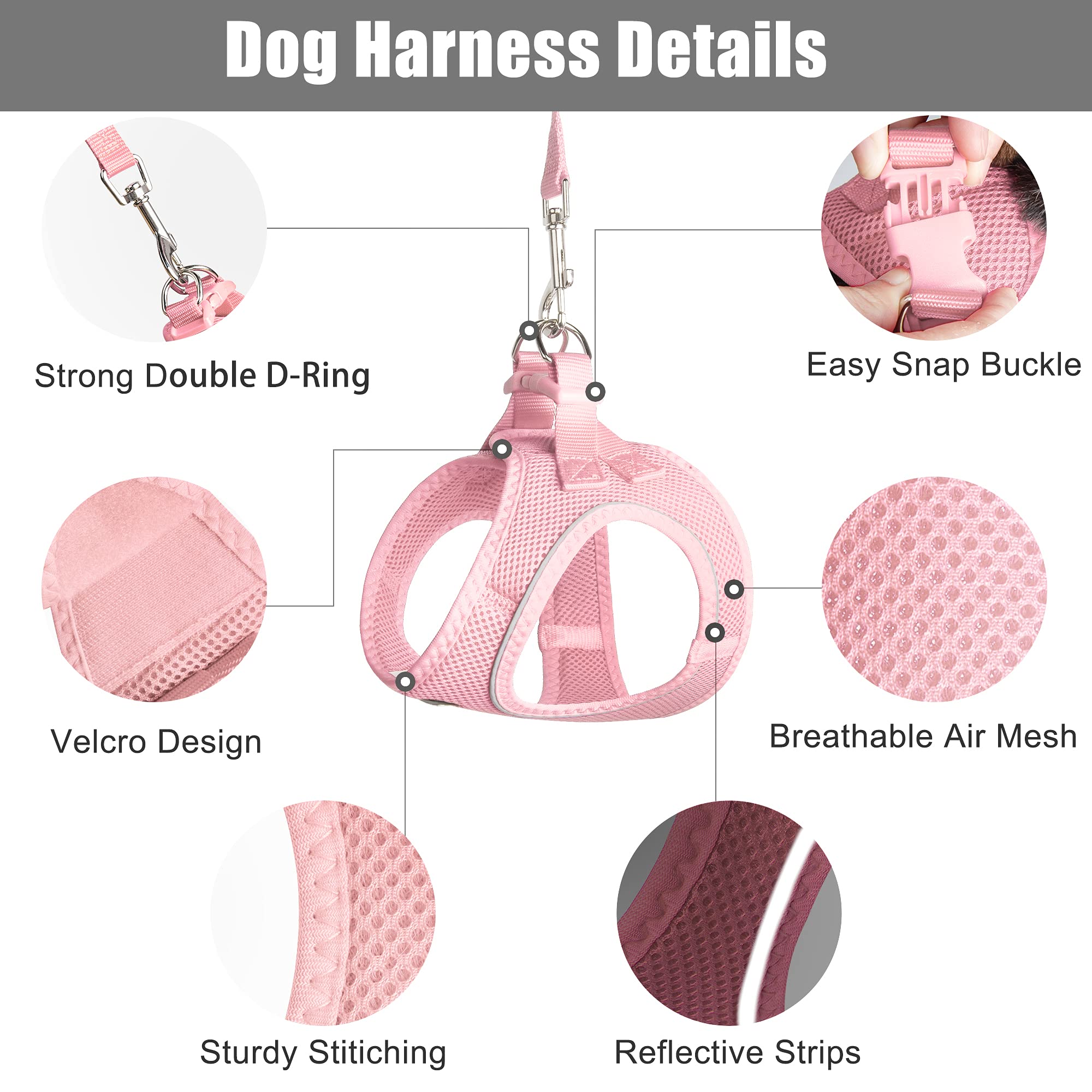 Petifine Step In Small Dog Harness And Leash Set, Breathable All Weather Air Mesh Reflective Escape Proof, Step-In Vest Harnesses For Puppy(Xs, Pink)