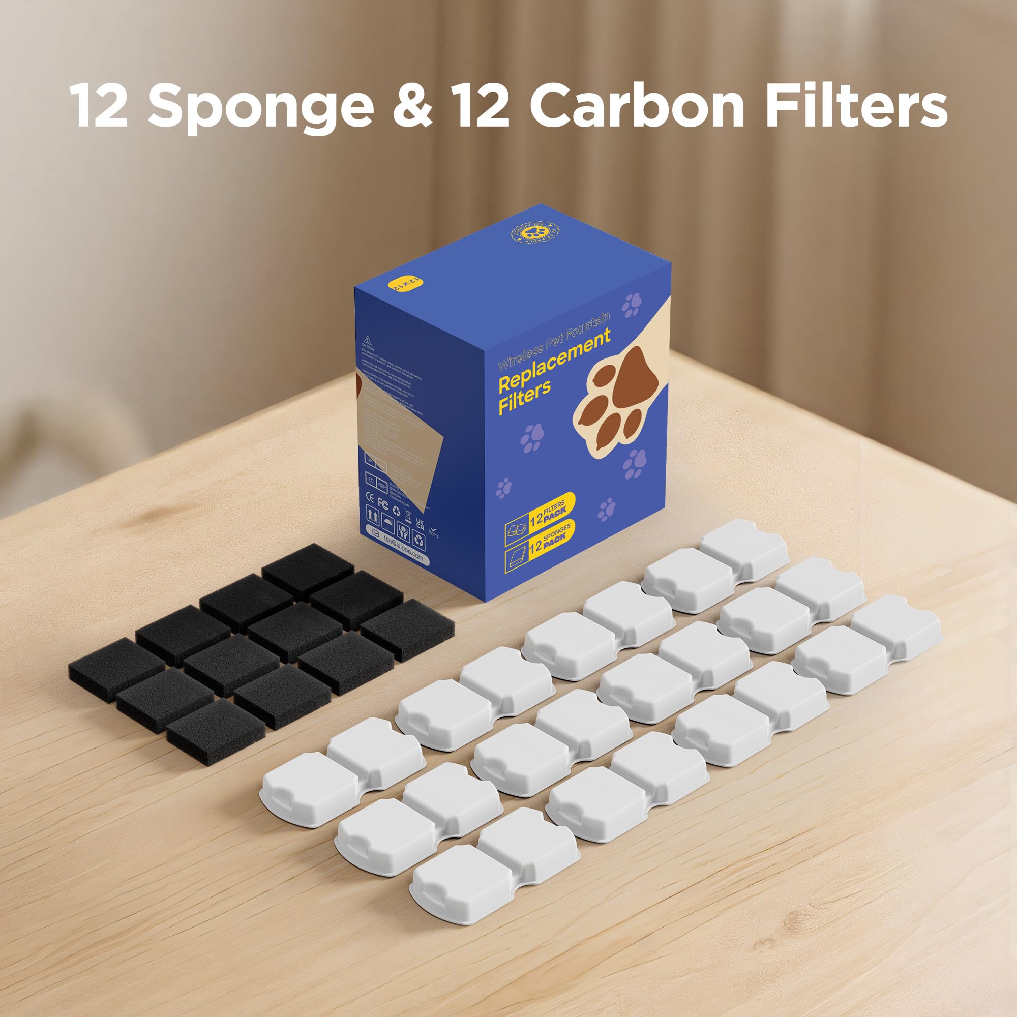 GIOTOHUN Cat Water Fountain Filter: 24 Cat Fountain Filter Replacement - 24 Pet Fountain Filter - 12 Carbon Filters & 12 Foam Fi