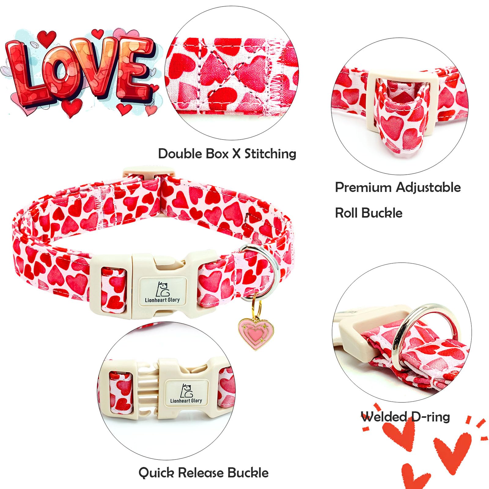 Lionheart Glory Valentine Collar, Red Hearts Dog Collar For Large Cute Dog Collars Spring Female Pet Gift Adjustable Heavy-Duty