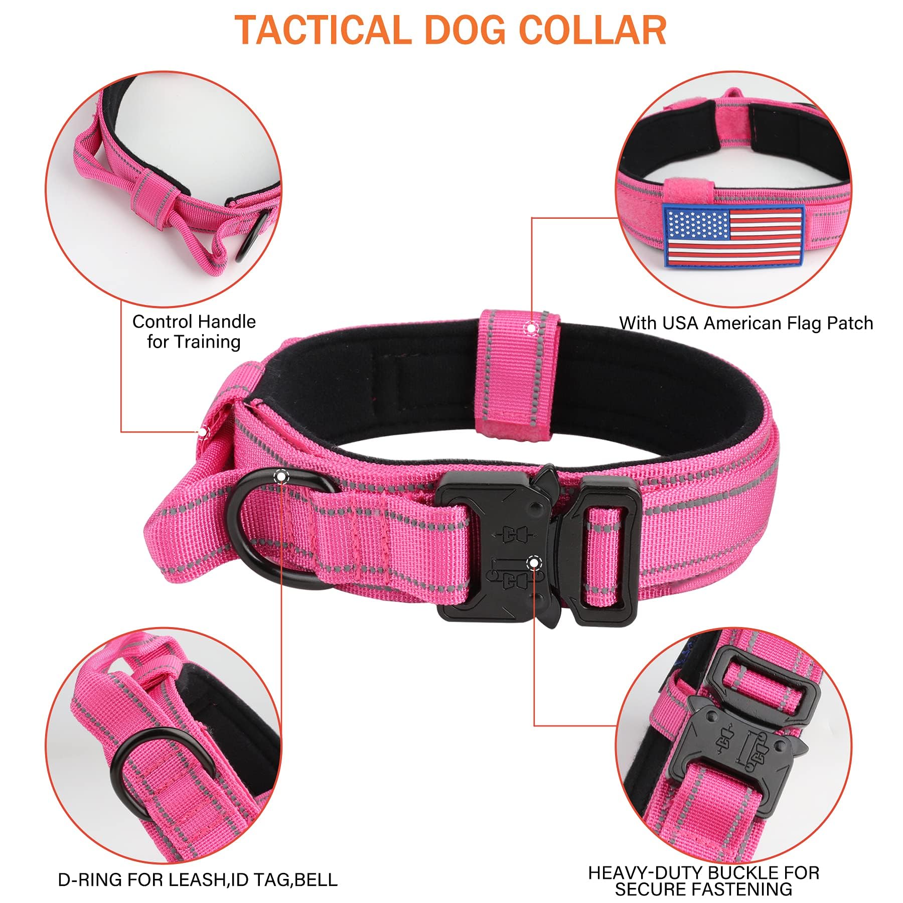Kcucop Tactical Dog Collar For Medium & Large Dogs - Military Nylon Heavy Duty Collar With Handle, Reflective Strip & Metal Buck