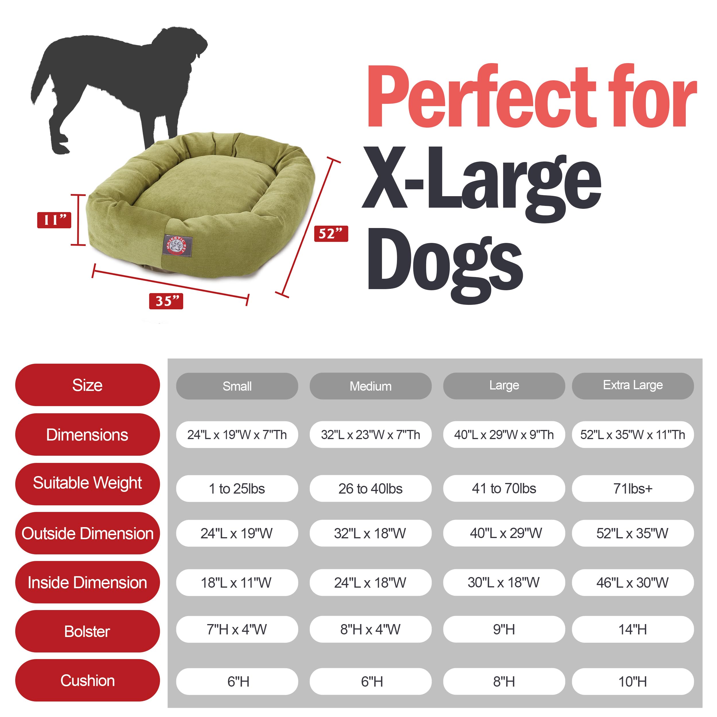 Majestic Pet 52 Inch Micro Velvet Calming Dog Bed Washable – Cozy Soft Round Dog Bed With Spine For Head Support - Fluffy Donut Dog Bed 52X35X11 (Inch) – Round Pet Bed X- Large – Apple