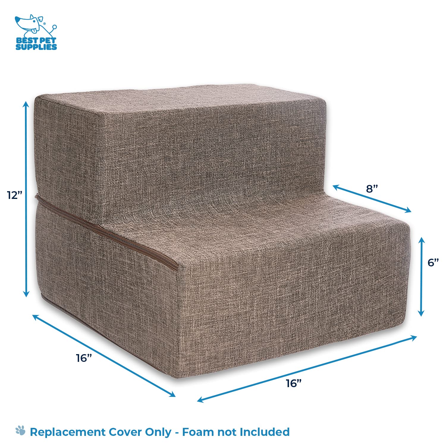 Best Pet Supplies Foldable Pet Stairs Cover For Foam Dog Ramps, Replacement Slip With Non-Slip Step Surface, Plush And Soft Fabric, Provides Paw Traction And Stability - Brown Linen, 2-Step