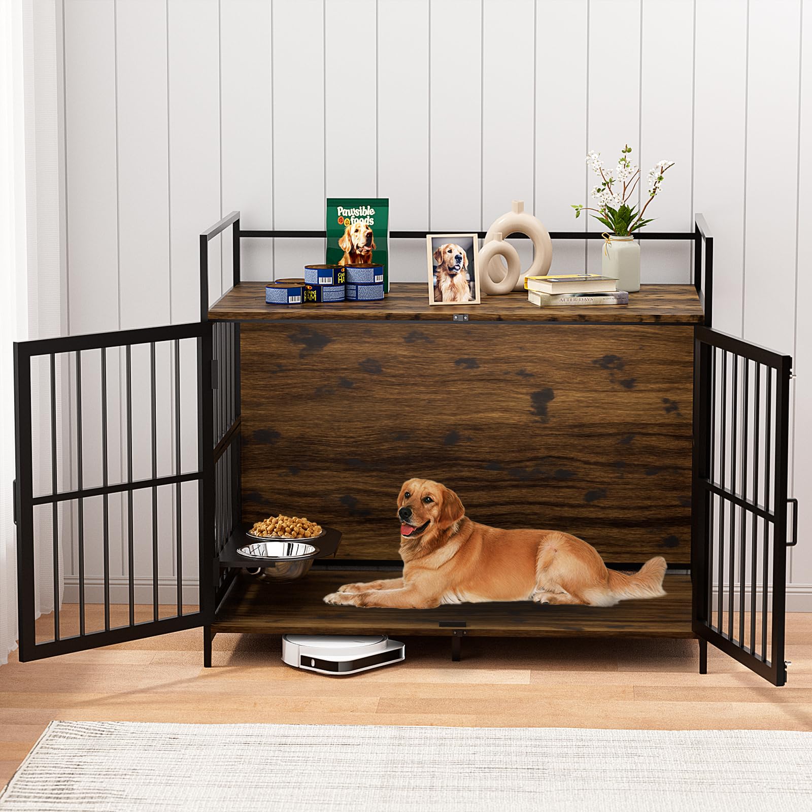 LOVMOR Dog Cage Furniture with Rotating Feeder Bowls, Dog Kennel Indoor with Cushion, Dog Crates for Large Dogs, 48 L X 30 W 43 