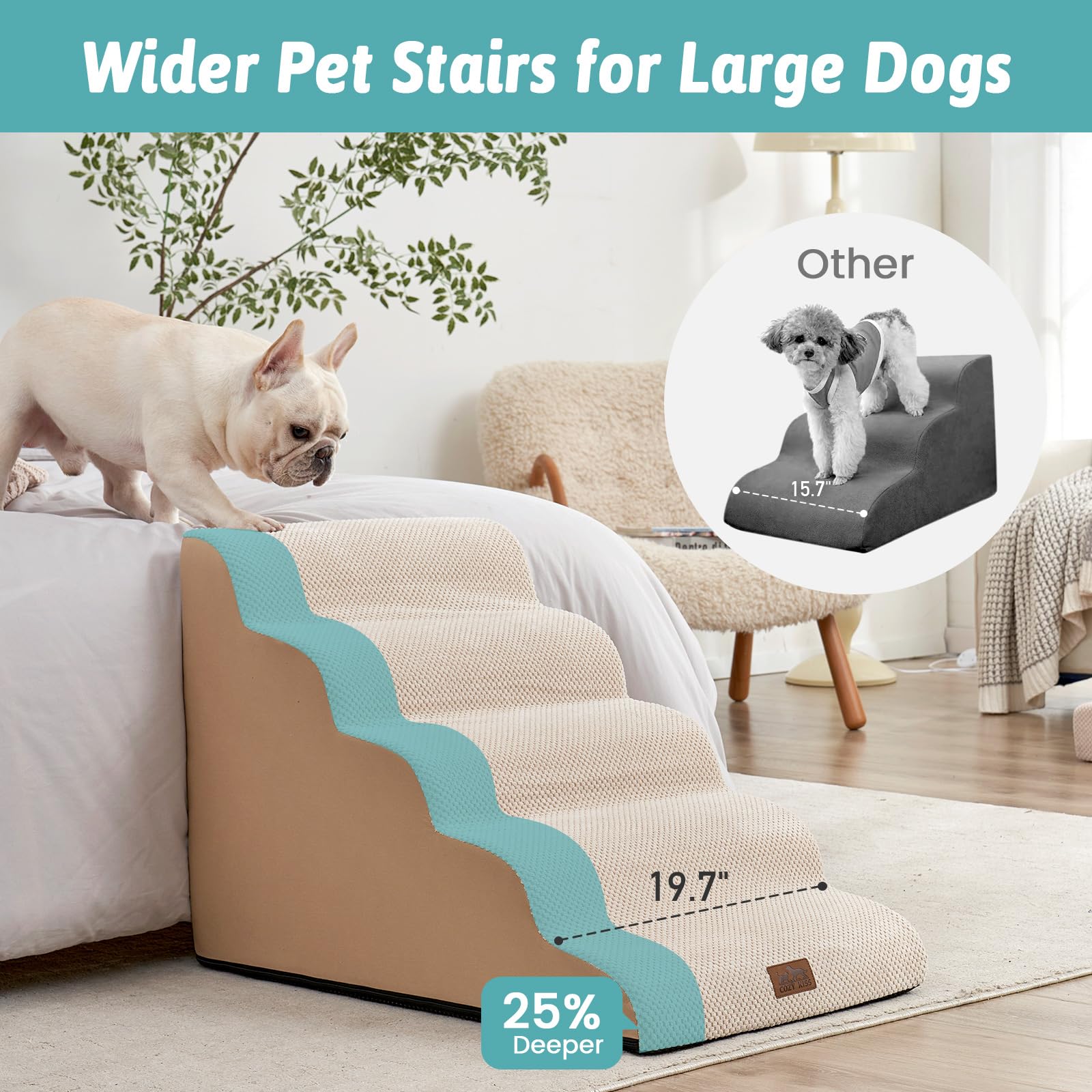 COZY KISS Extra Wide Dog Stairs - 5 Step Foam Pet Ramp, 19.7"x33"x22.4", Beige, for Small Medium/Large Dogs, High Bed/Car
