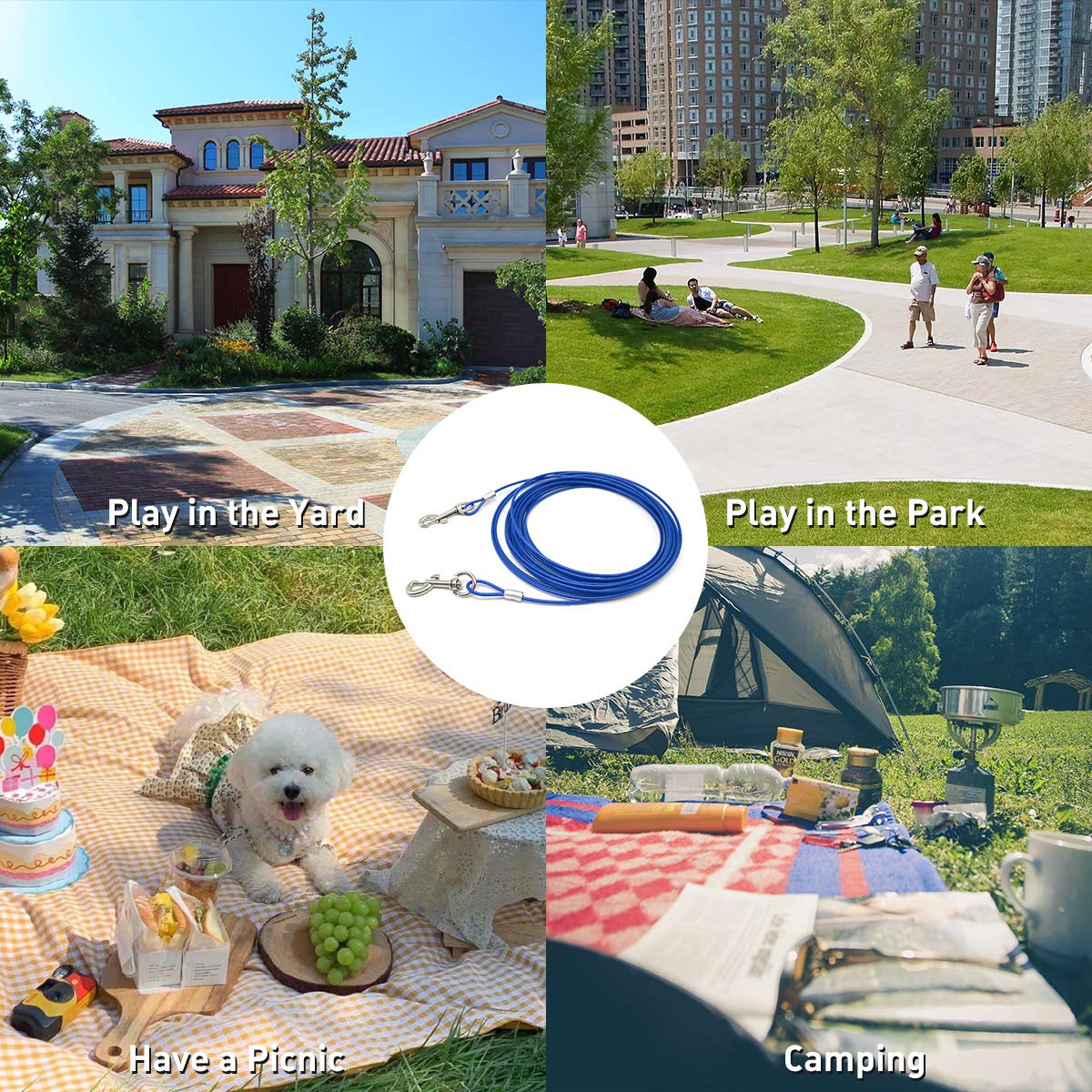 Clkhowl Dog Stake Tie Out Cable - 16/30' Anti Rust Reflective Stake For Medium Large Dogs Up To 125 Lbs, Dog Cable Runner And Metal Hooks For Yard, Camping, Or Outdoors (Blue, 16Ft)