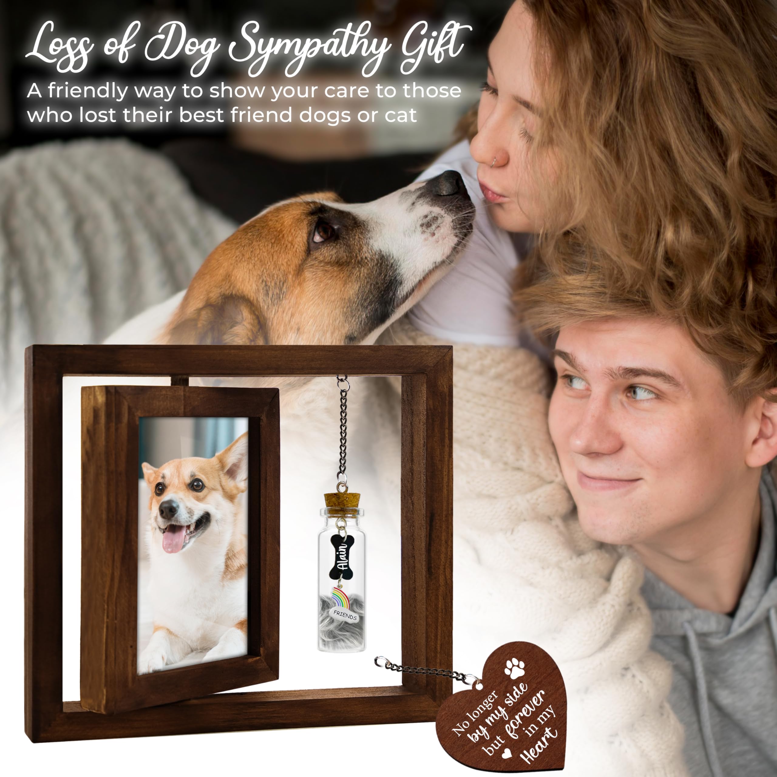Pet Memorial Gift For Dogs Cats, Rustic 360 Rotating Picture Frame 6X4 Photo, Pet Hair Keepsake Fur Jar Rainbow Bridge No Longer