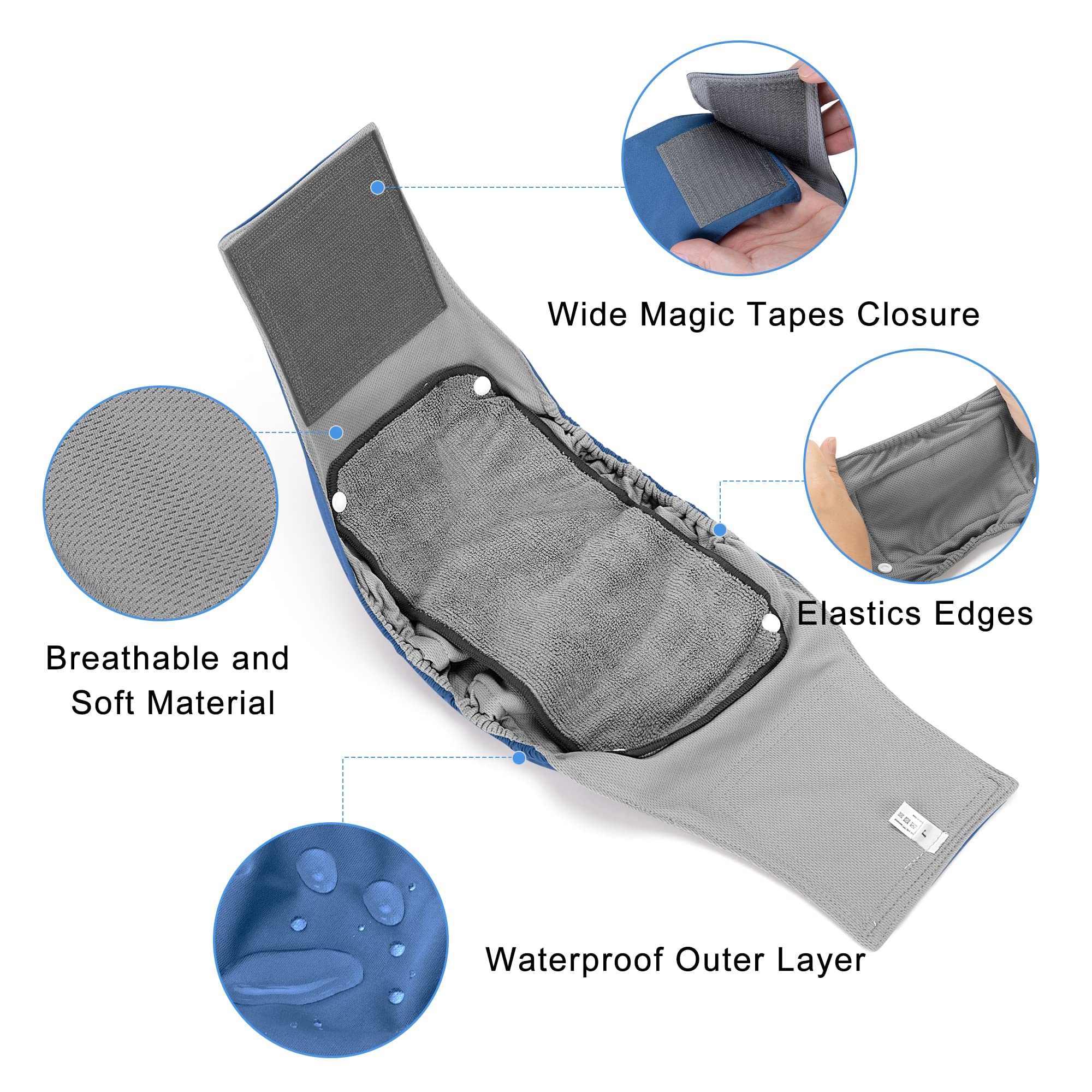 Teamoy Belly Bands For Male Dogs With Removable Pads, Reusable Washable Puppy Dog Diaper Wraps With Gray Lining(Pack Of 3),L1