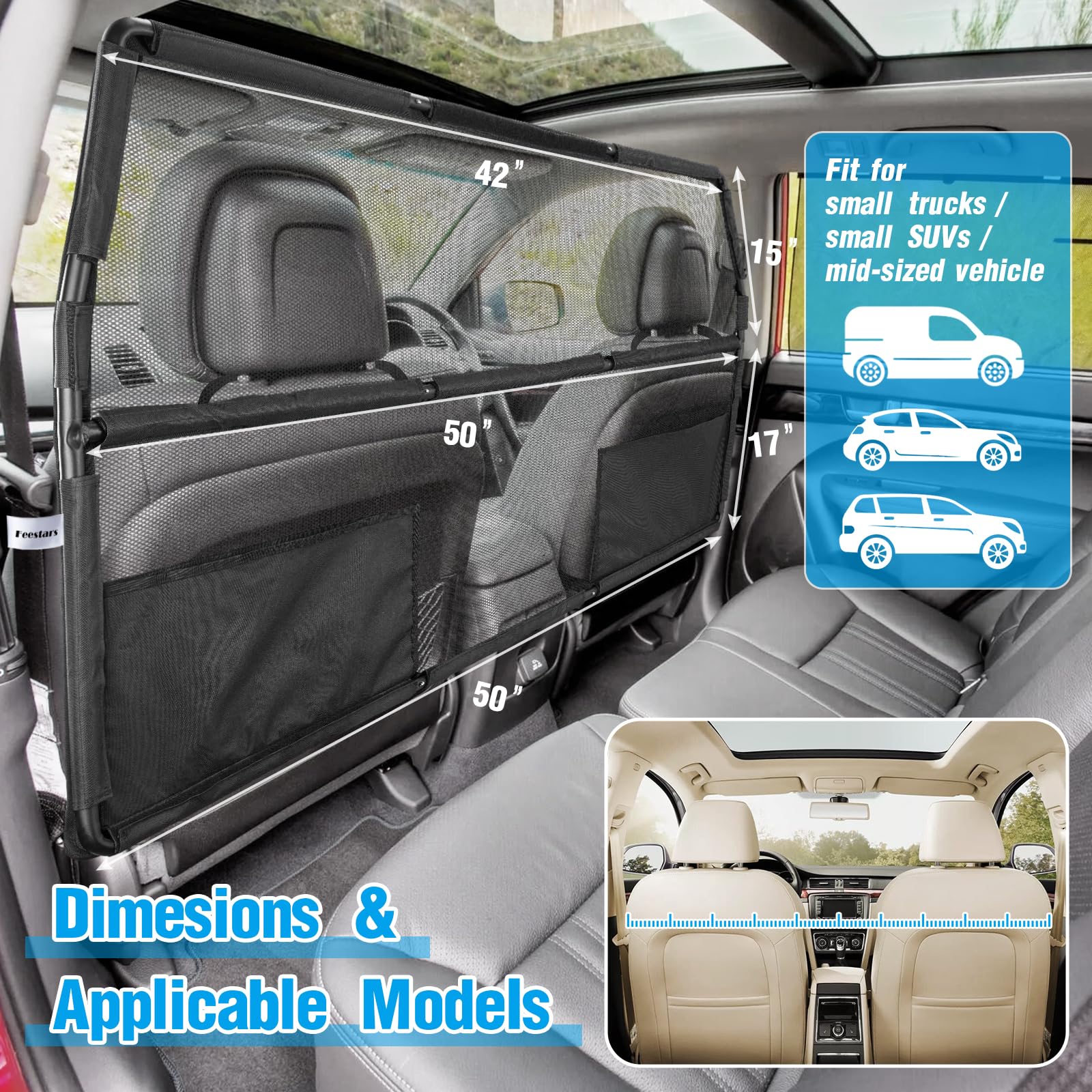 Feestars Dog Barrier For Suv, 50'' Pet Car Barrier Behind Front Seat For Suv, Truck, Dog Gate For Cargo Area, Back Seat Divider