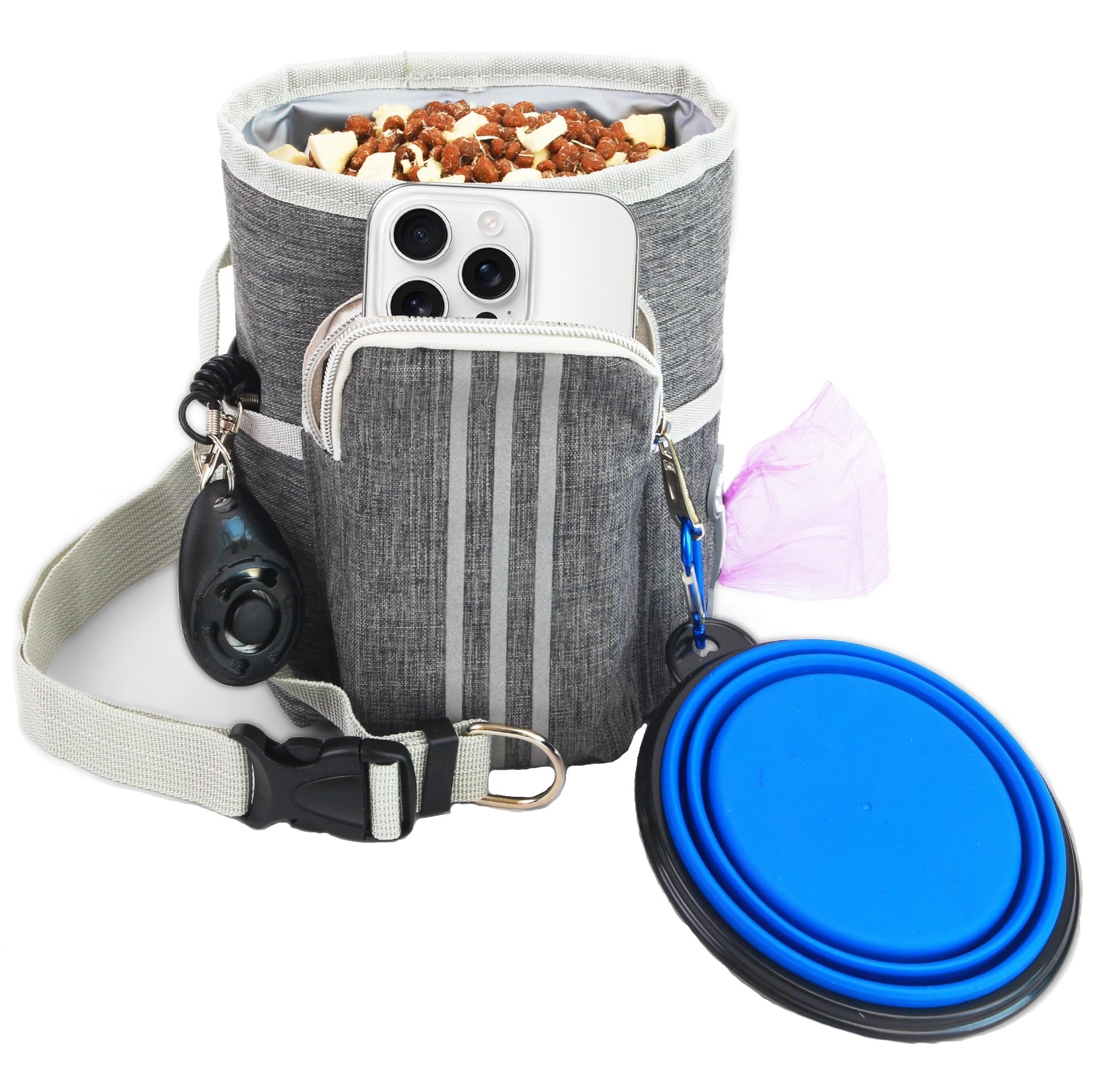 CAISATEQ Pro Dog Trainer Sling Bag: Waterproof Oxford, 1-Hand Access, w/Reflective Strips & Phone Pocket | Includes Clicker/Bowl