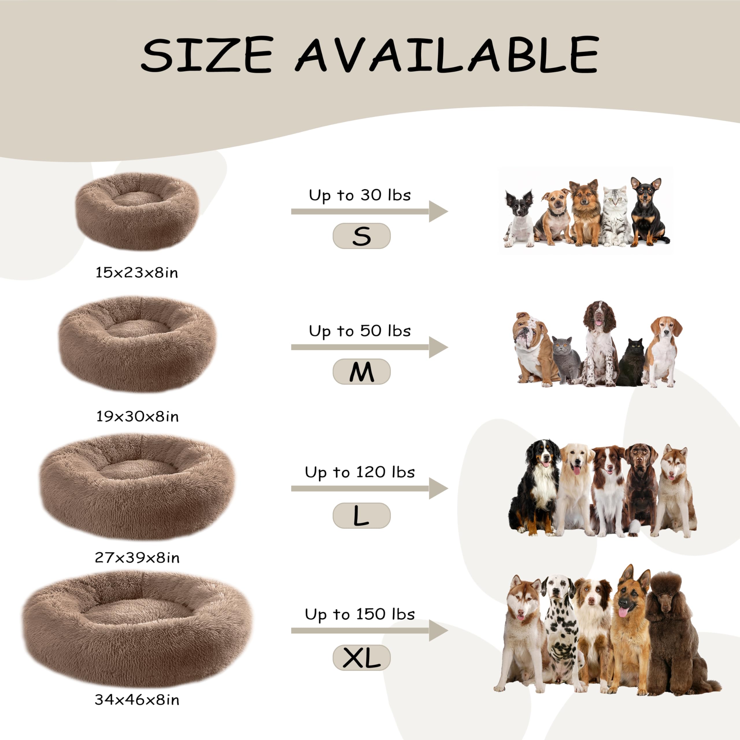 Bunlitent Calming Dog Bed, Plush Anti-Anxiety Donut, 39" Brown, Washable Marshmallow Cuddler Nest for Medium Large Dogs
