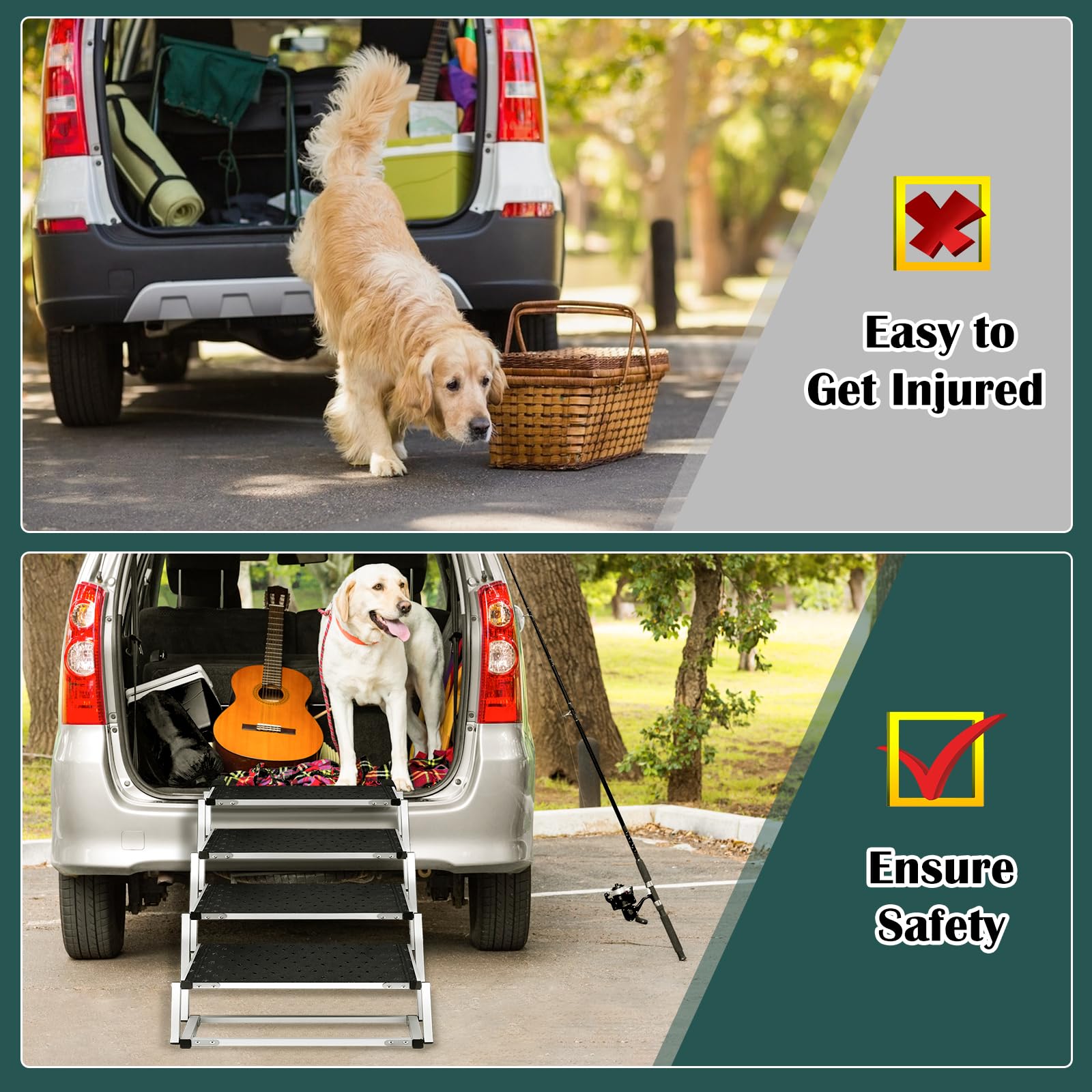 Joyrally Dog Ramp for Car - Extra Wide 4-Step Lightweight Aluminum Pet Steps for Large Dogs, Supports 200 lbs, Black