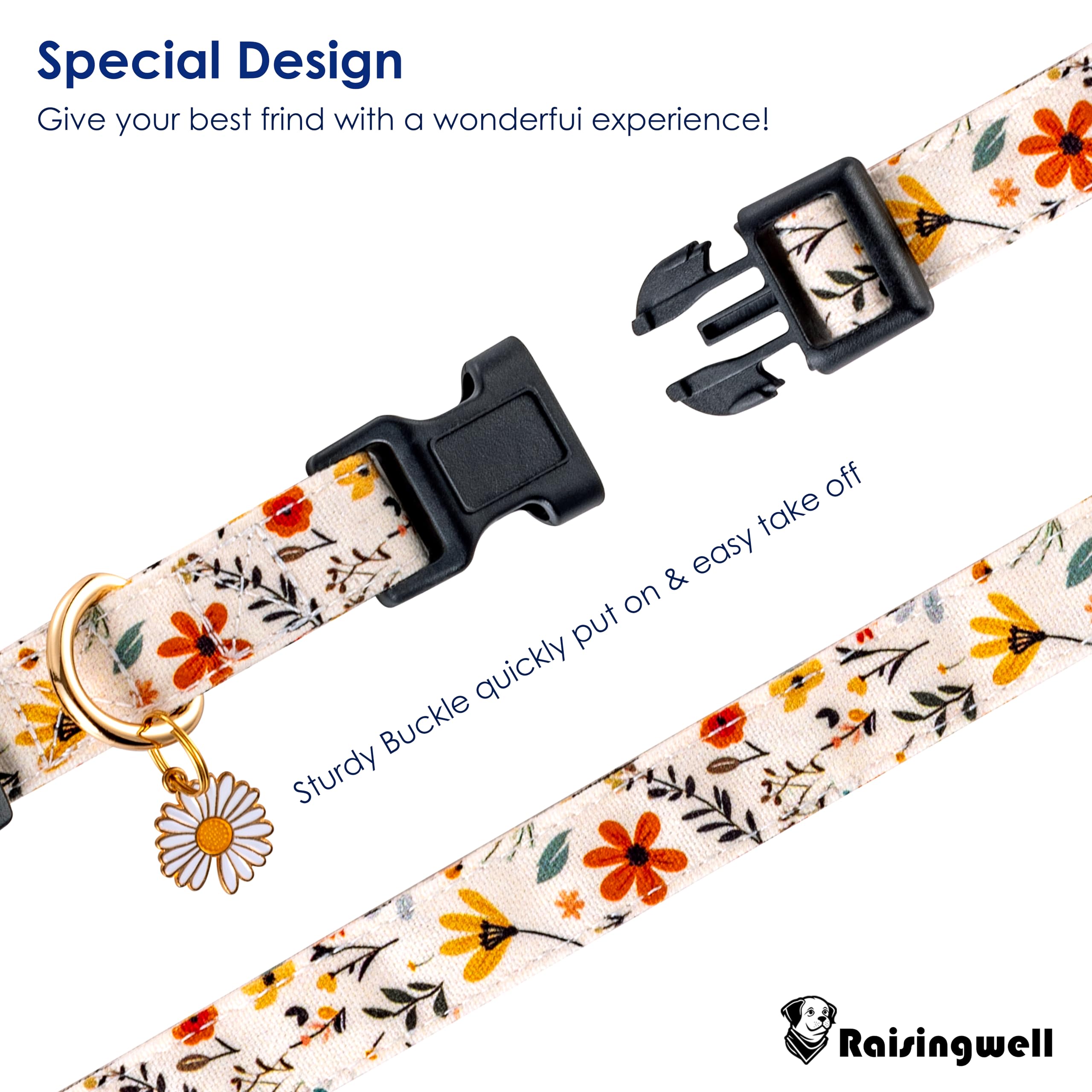 Raisingwell Cotton Dog Collar Beige Flower Pattern For Boys And Girls Cute Dog Collars Summer Fall Gift Adjustable For Medium To