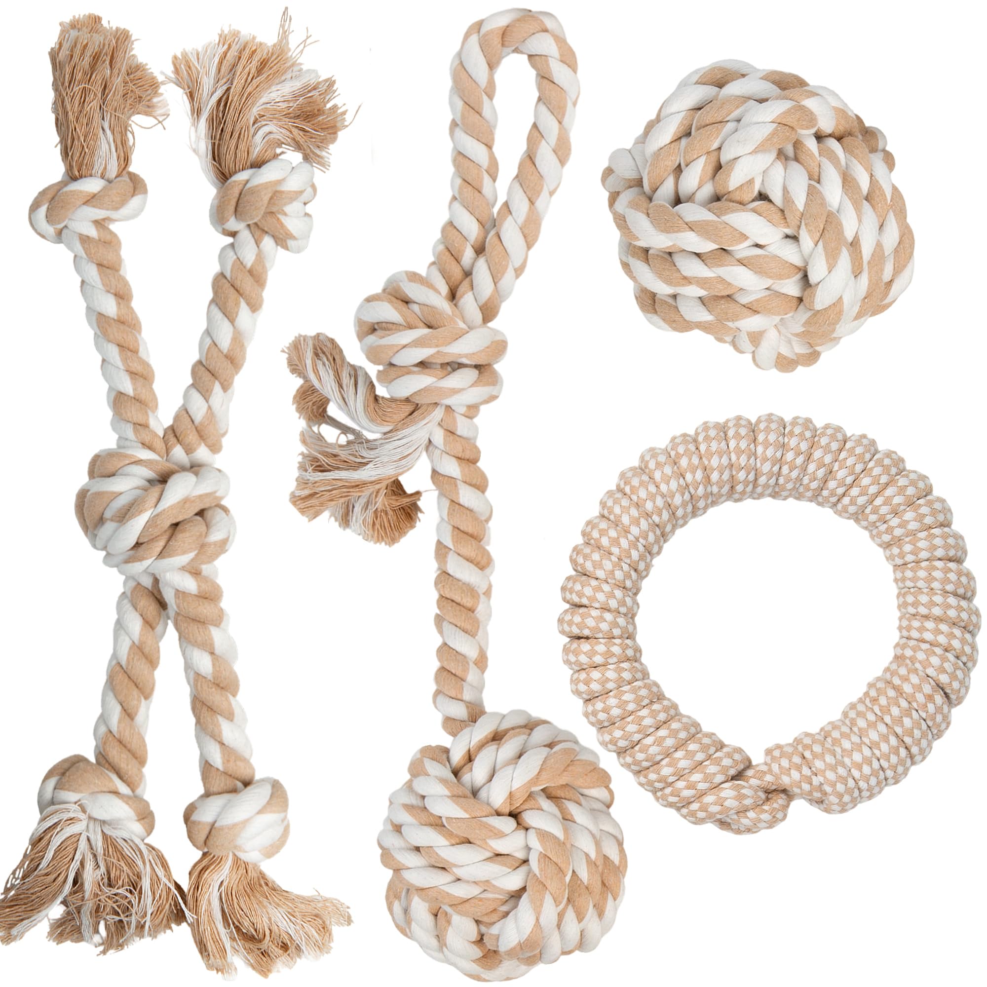 Petifine Dog Rope Toys For Large Medium Dogs, 4 Pack Tough Chew Toys For Aggressive Chewers, Interactive Rope Ball Natural Cotto