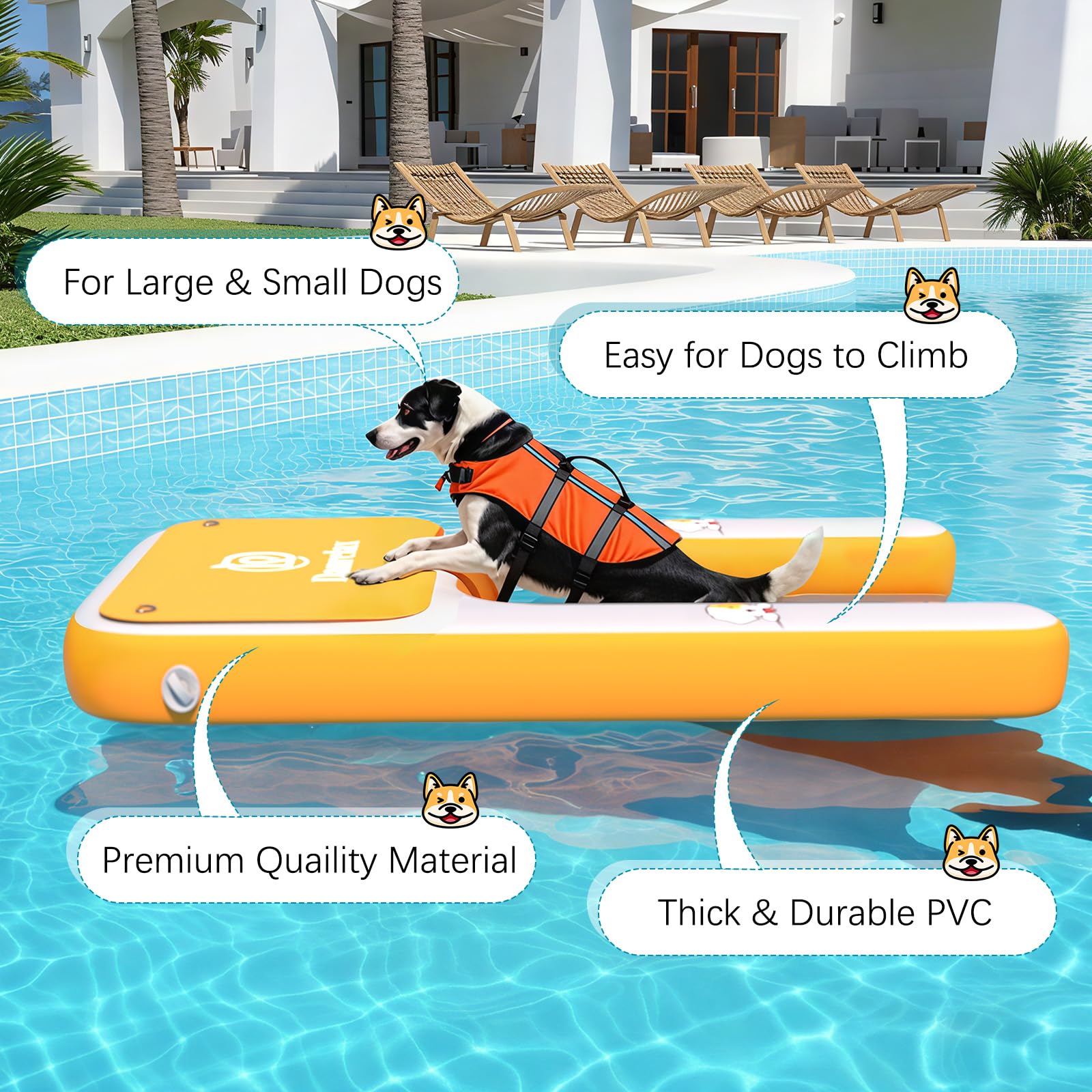 Danrelax Inflatable Dog Boat Ramp, 47' L X 32' W X 6' H Perfect For Mid-Sized Pets Up To 220 Lbs, Boat Water Ladder With Claw