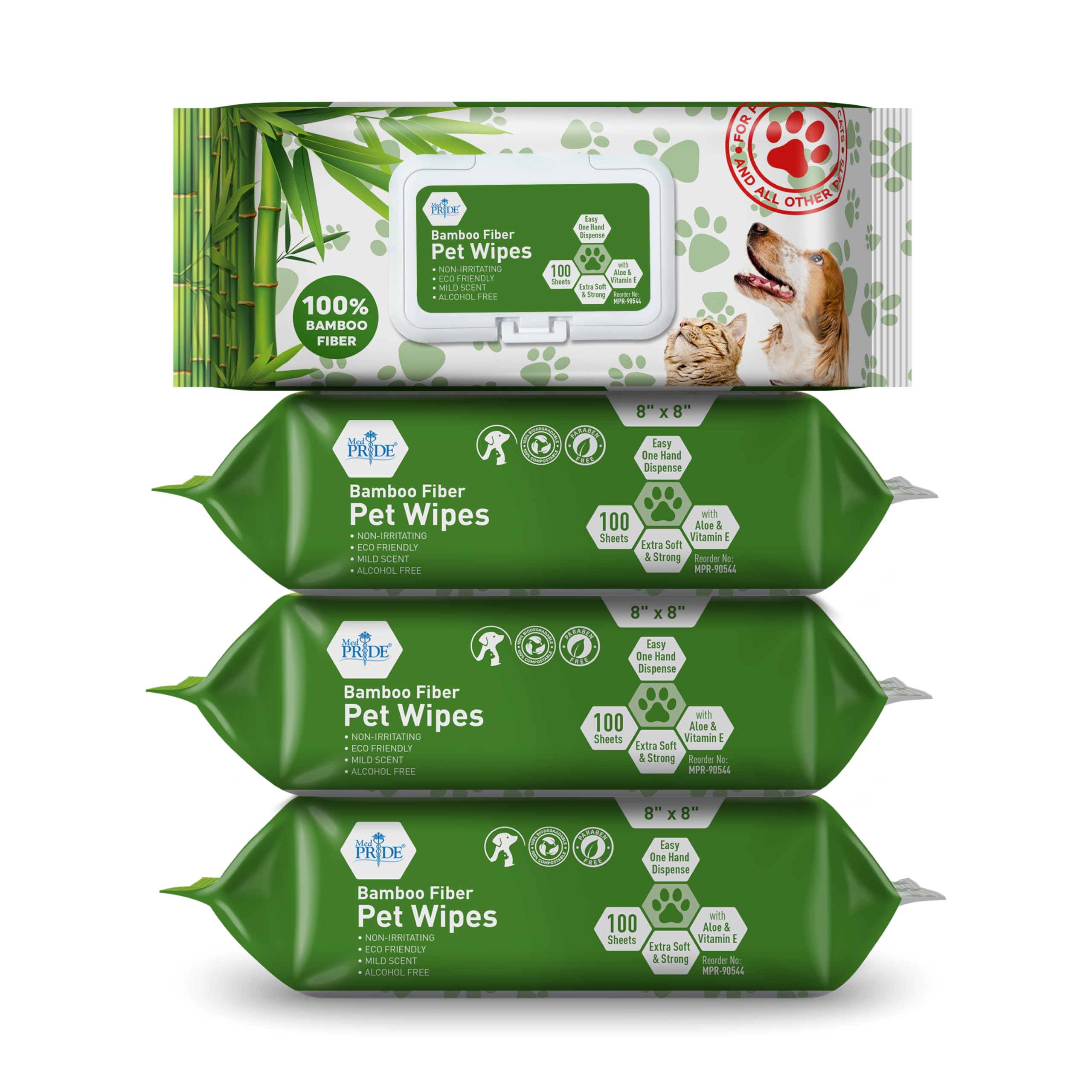 Med Pride 100% Bamboo Fiber Cleaning Wipes, Dog Wipes For Paws And Butt, Alcohol & Paraben-Free, Hypoallergenic, Extra-Large 8''