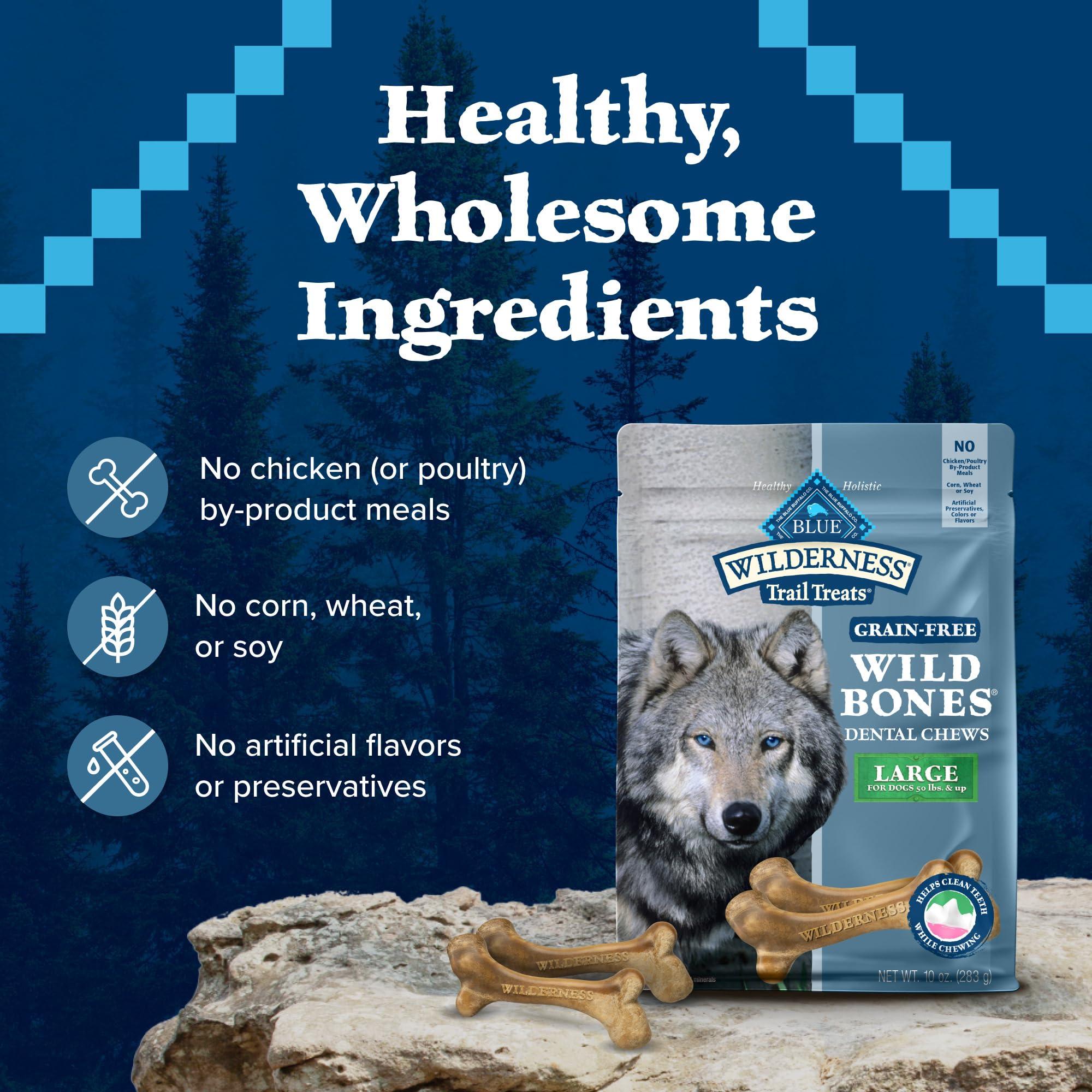 Blue Buffalo Wilderness Trail Treats Wild Bones Large Dental Chews, Grain-Free Dog Bones For Large Dogs Made with Natural Ingred