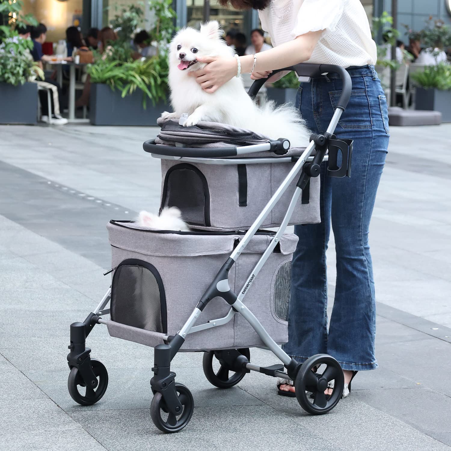 Beberoad Pets T1 Double Pet Stroller For 2 Small Dogs Or Cats Lightweight Foldable Double Cat Stroller With Detachable Carrier (