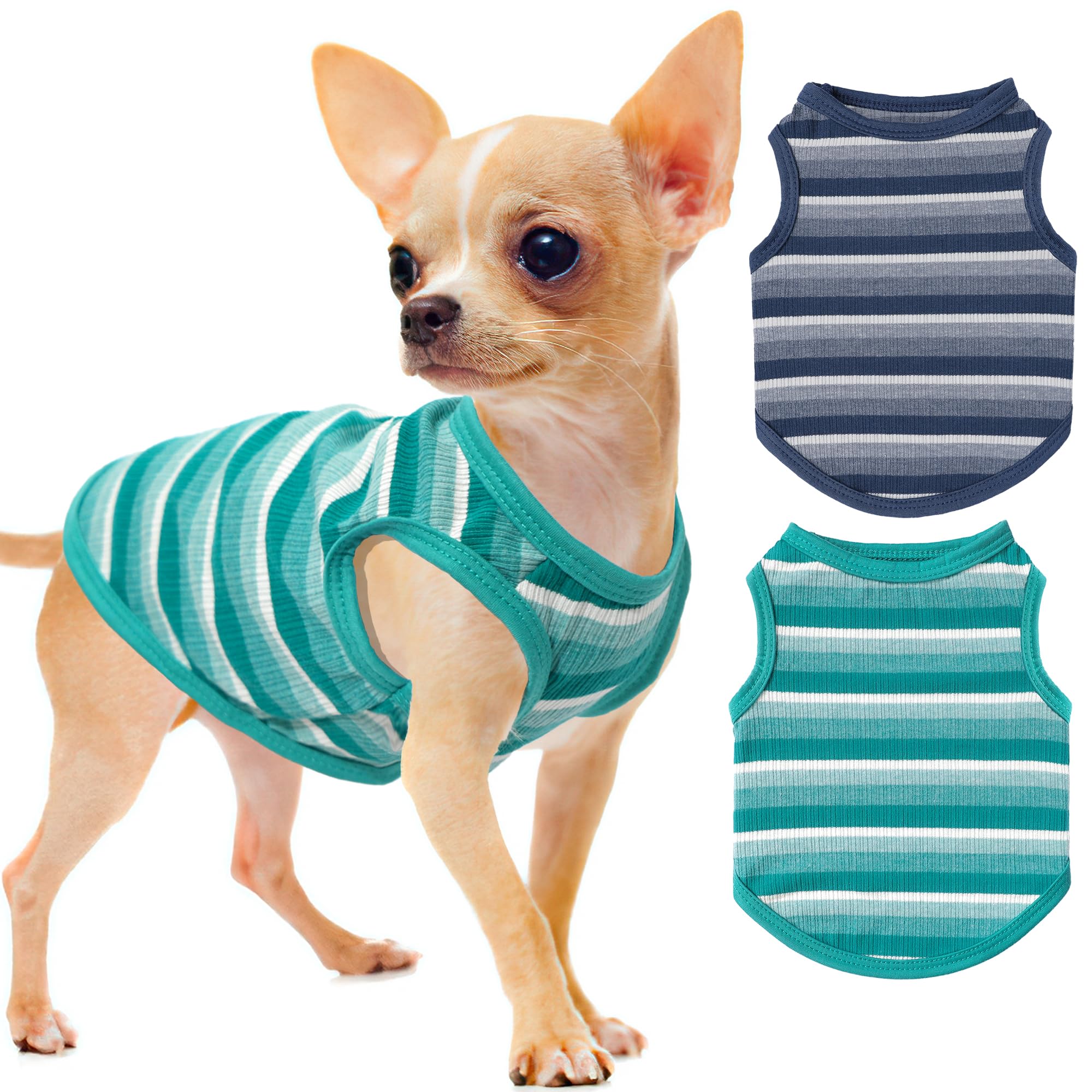 2 Pack Dog Clothes For Small Dogs Striped Dog Shirt Tank Top Pet Soft Sleeveless Puppy Tee Shirts Navy Blure,Dark Green, Xs