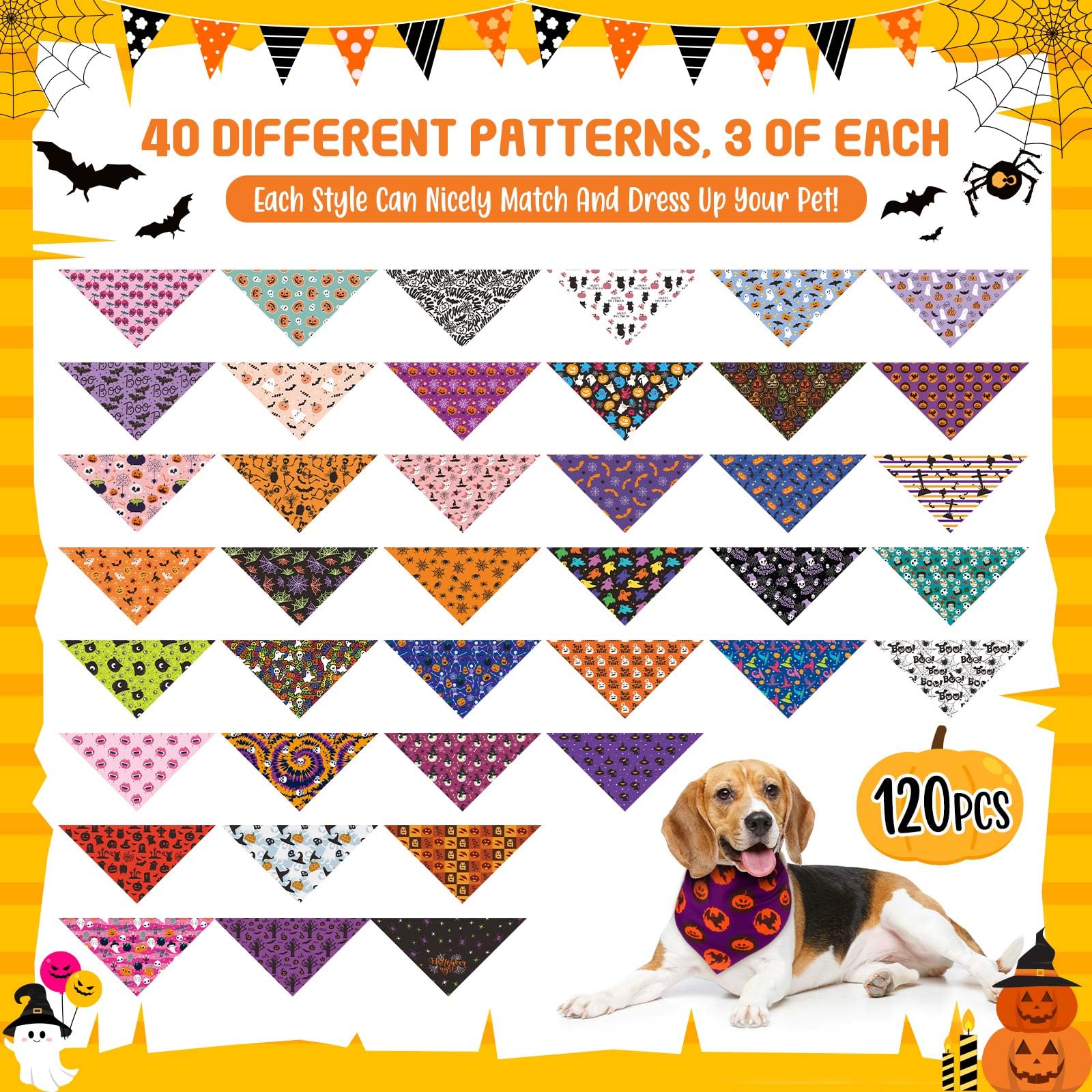 Bulyoou 120 Pcs Halloween Dog Bandanas Bulk Pumpkin Ghosts Skeleton Pet Bandanas Dog Handkerchiefs Halloween Scarf Bibs Triangle